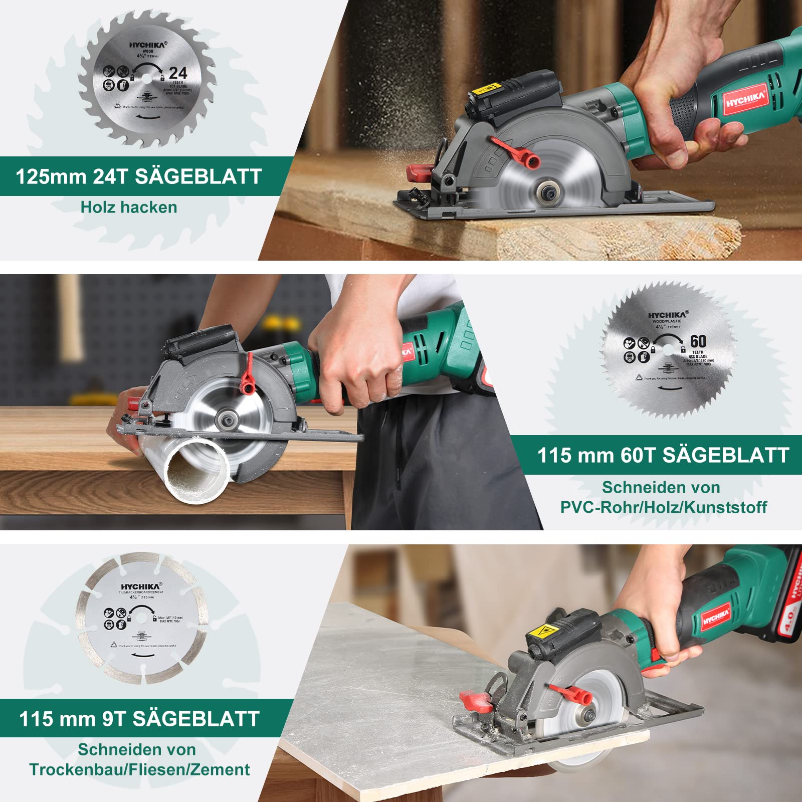 HYCHIKA Handkreissäge 18V, Kreissäge mit 4,0Ah Akku 3500U mit 3 Sägeblättern (115 & 125mm), Laserführung & führungsschiene, Max Schnitttiefe 48mm(90°)/32mm(45°), Mini Kreissäge für Holz, Weichmetall
