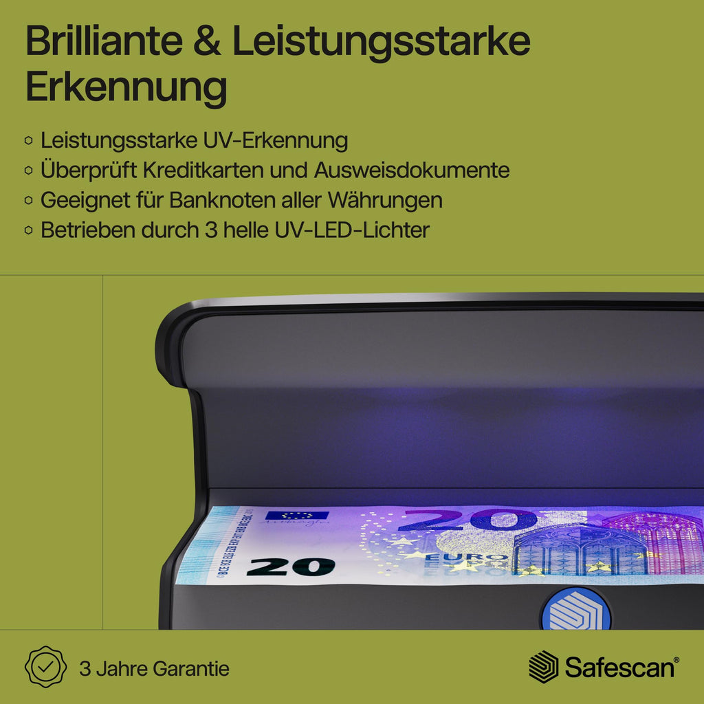 Safescan 55 LED Geldscheinprüfgerät mit ultrastarkem UV-Licht - Falschgeldprüfgerät für Banknoten, Kreditkarten & Ausweise - Geldprüfer mit 3 leistungsstarken LED-Lichtern - Geldprüfmaschine