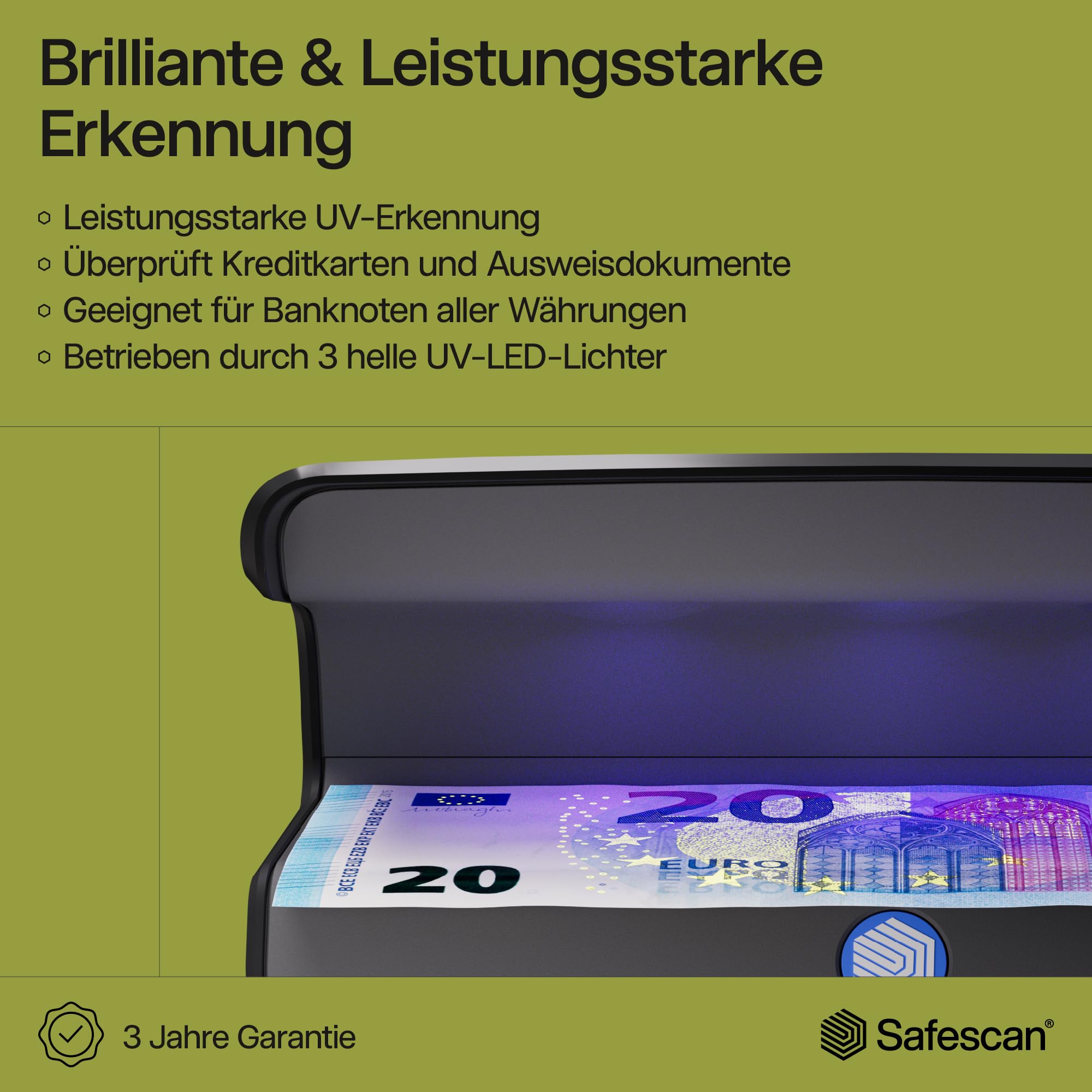Safescan 55 LED Geldscheinprüfgerät mit ultrastarkem UV-Licht - Falschgeldprüfgerät für Banknoten, Kreditkarten & Ausweise - Geldprüfer mit 3 leistungsstarken LED-Lichtern - Geldprüfmaschine