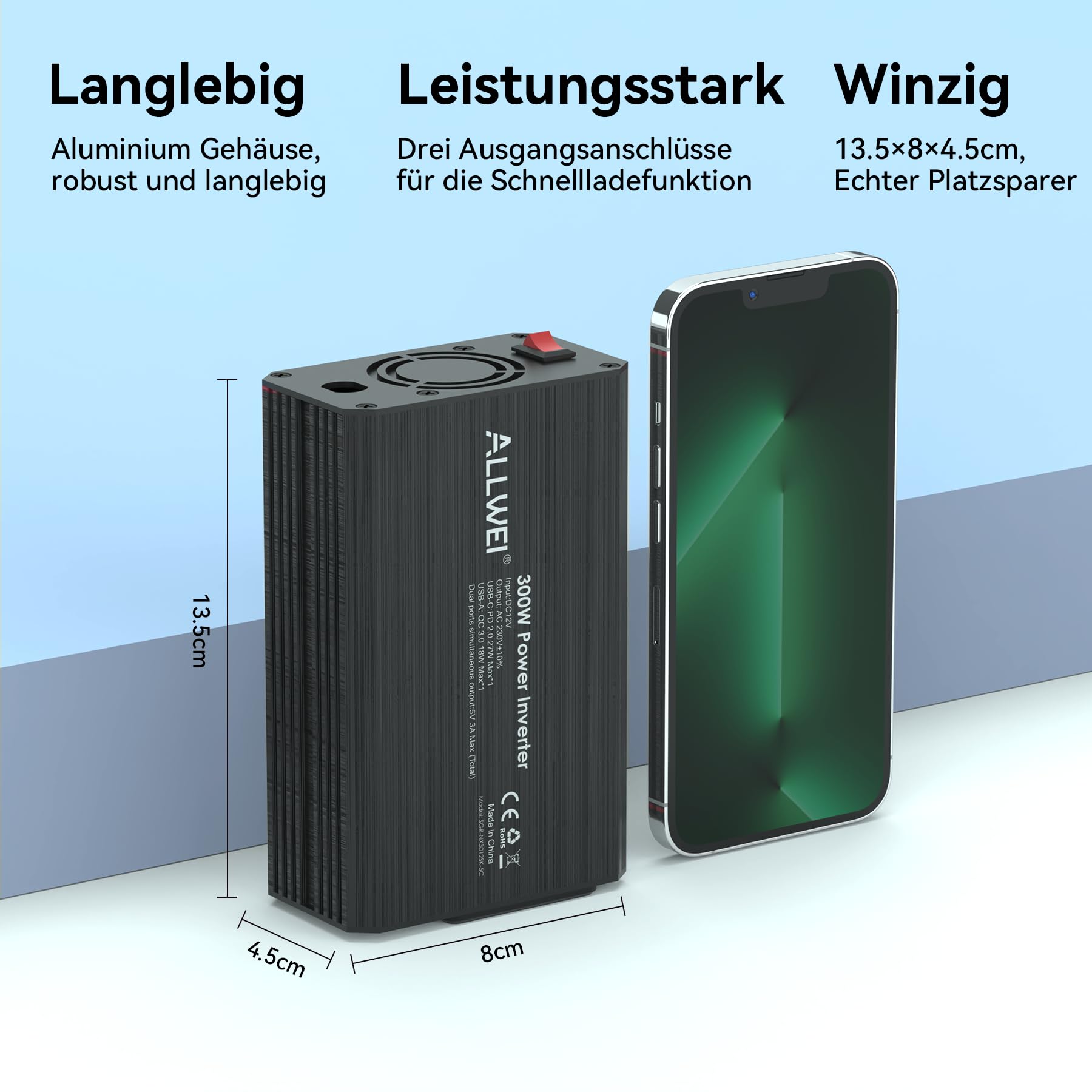 ALLWEI 300W Wechselrichter 12V auf 230V Spannungswandler, Stromwandler mit Typ-C & USB Anschluss, Inverter 12V 220V, Auto Steckdose für Auto, Laden von Handys, Laptops und Anderen Geräten (Schwarz)