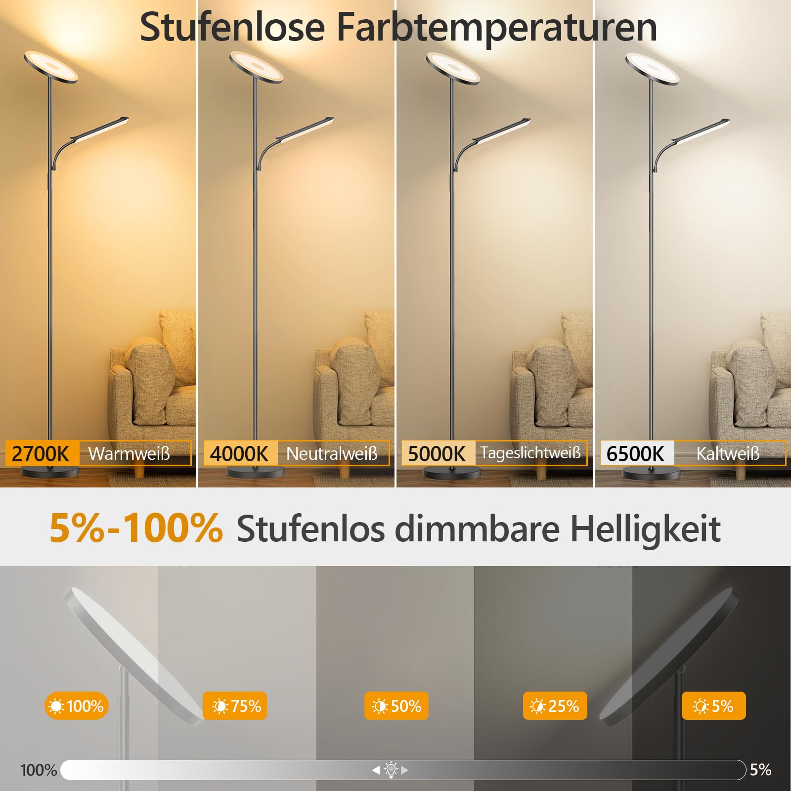 Stehlampe Wohnzimmer, 42W Deckenfluter mit Leselampe, 4200LM LED Stehlampe Dimmbar mit 2700K-6500K Farbtemperatu, Moderne Standleuchte mit Fernbedienung & Touch-Steuerung für Wohnzimmer Schlafzimmer