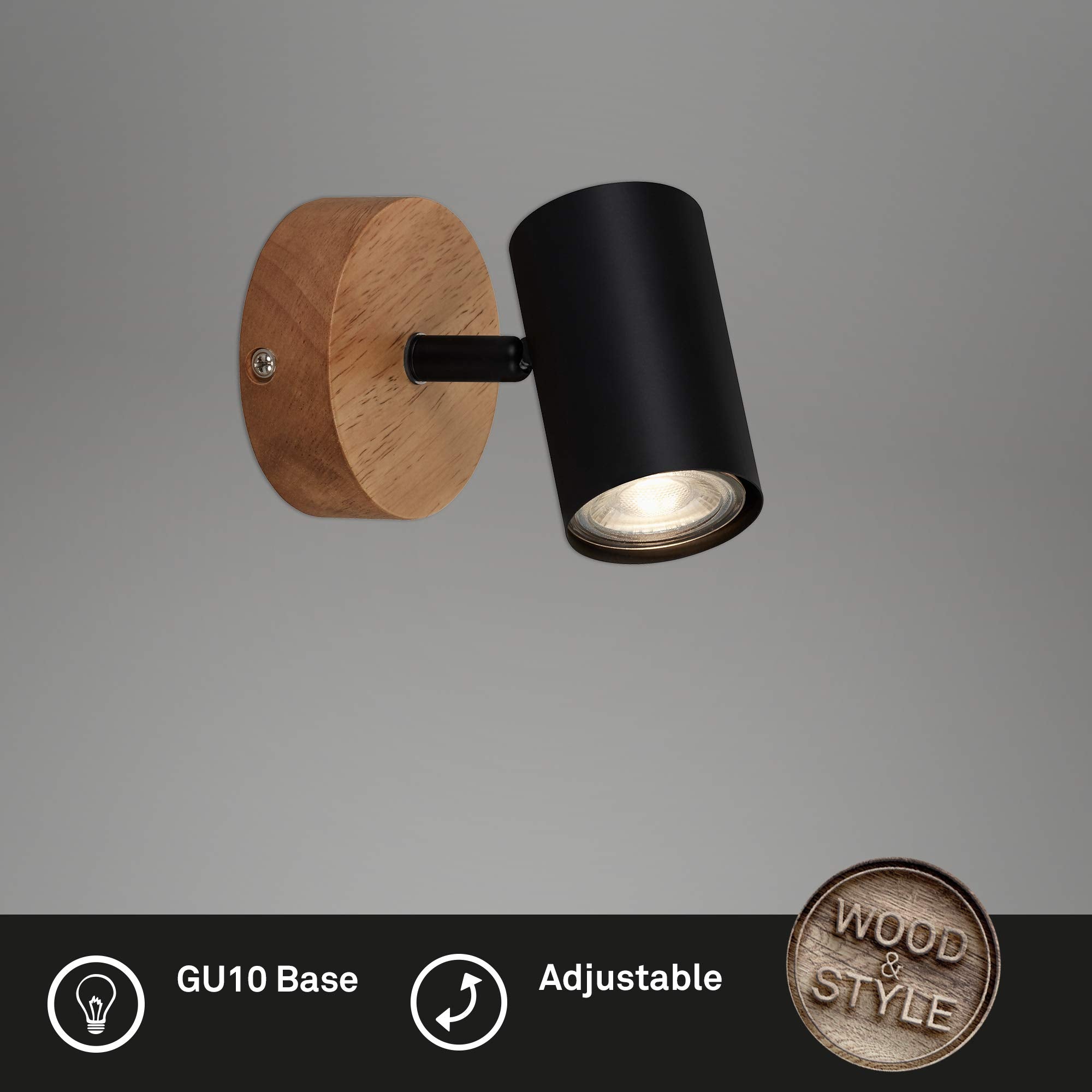 BRILONER - Wandleuchte Innen schwenkbar, Vintage, Holzbasis, Wandlampe innen, Wandstrahler, Wandlicht, Wandbeleuchtung, Schlafzimmer, Flurlampe, Wall Light, 11x11x15,7 cm, Schwarz-Gold