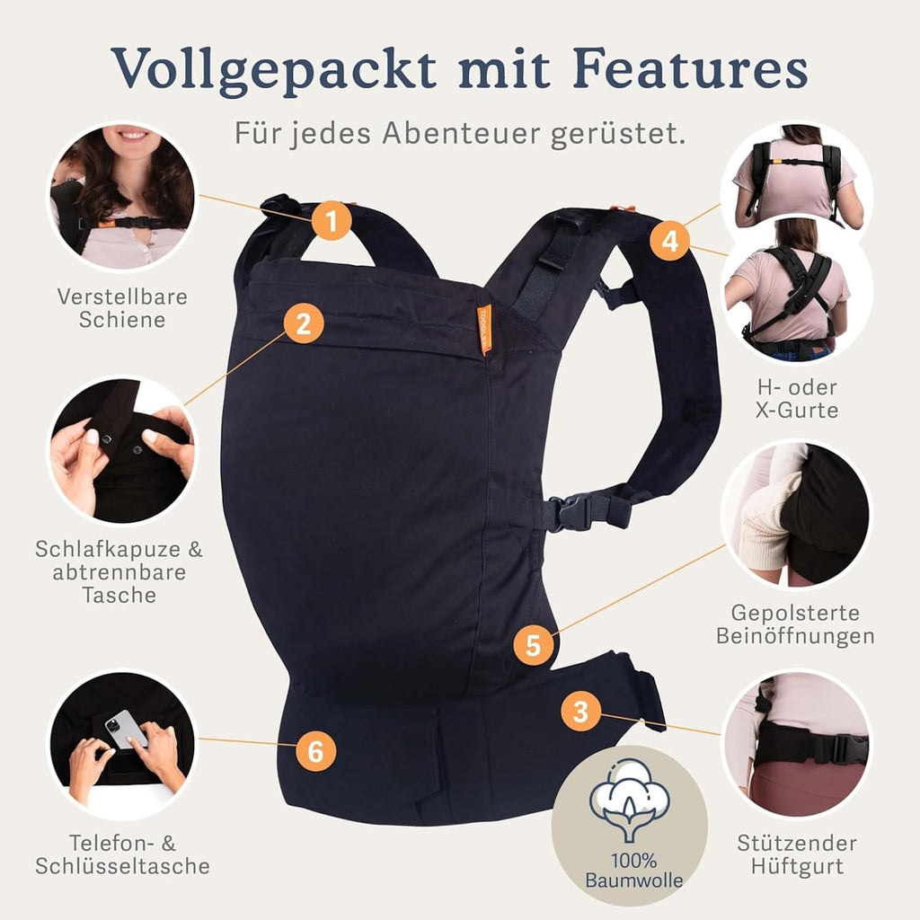 Beco Toddler Babytrage & Kindertrage (9-27 kg) - 100% Baumwoll Trage Kleinkind, Leicht & Atmungsaktiv, Hüftfreundlich mit 2 Tragepositionen: Bauchtrage & Rückentrage (Schwarz)
