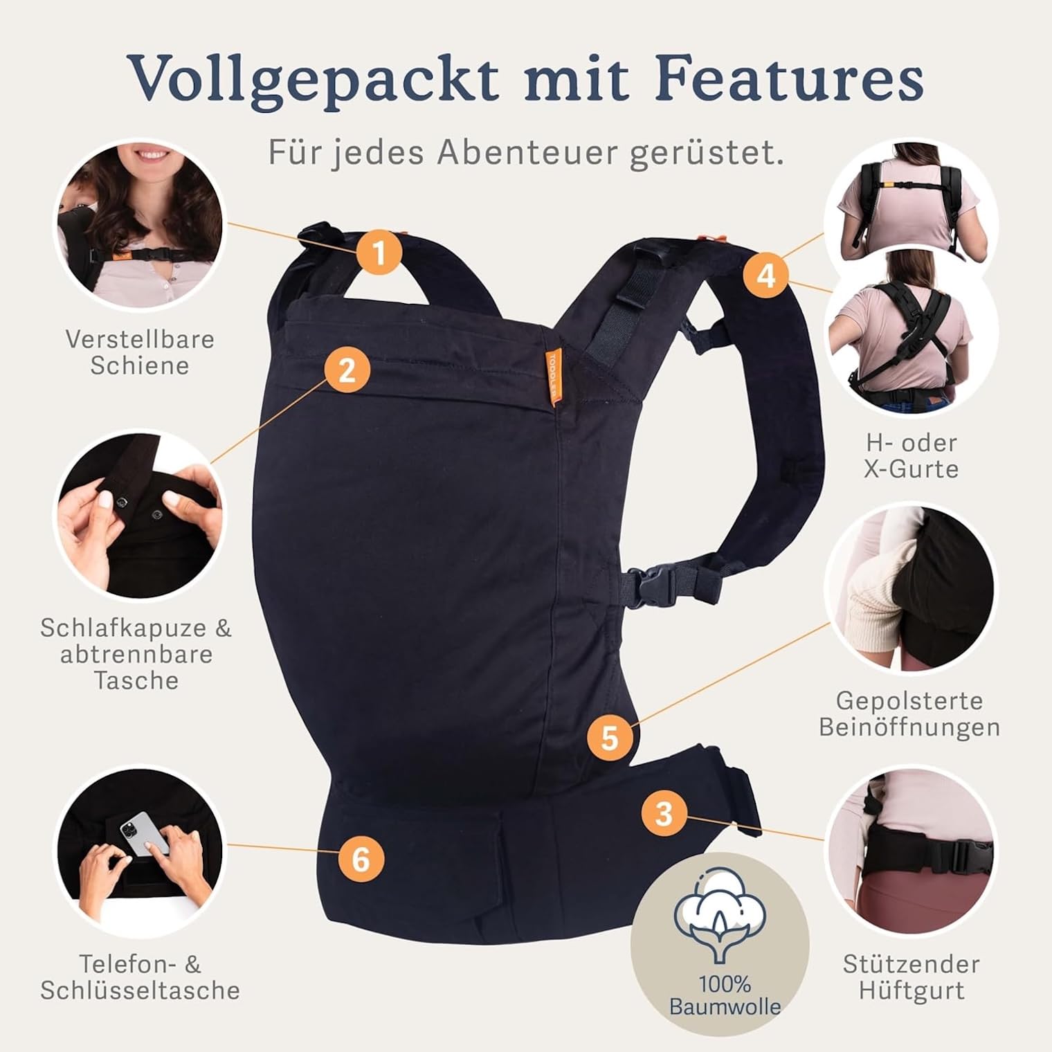 Beco Toddler Babytrage & Kindertrage (9-27 kg) - 100% Baumwoll Trage Kleinkind, Leicht & Atmungsaktiv, Hüftfreundlich mit 2 Tragepositionen: Bauchtrage & Rückentrage (Schwarz)