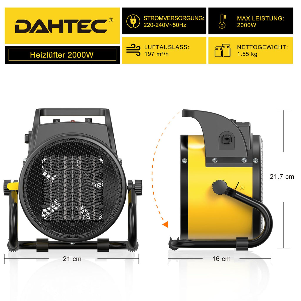 DAHTEC Heizlüfter 2000 Watt Keramik Heizstrahler Elektroheizer Bauheizer Bautrockner mit Thermostat Heizgerät mit 3 Heizstufen für Baustellen, Hausgebrauch, Werkstatt,Garage