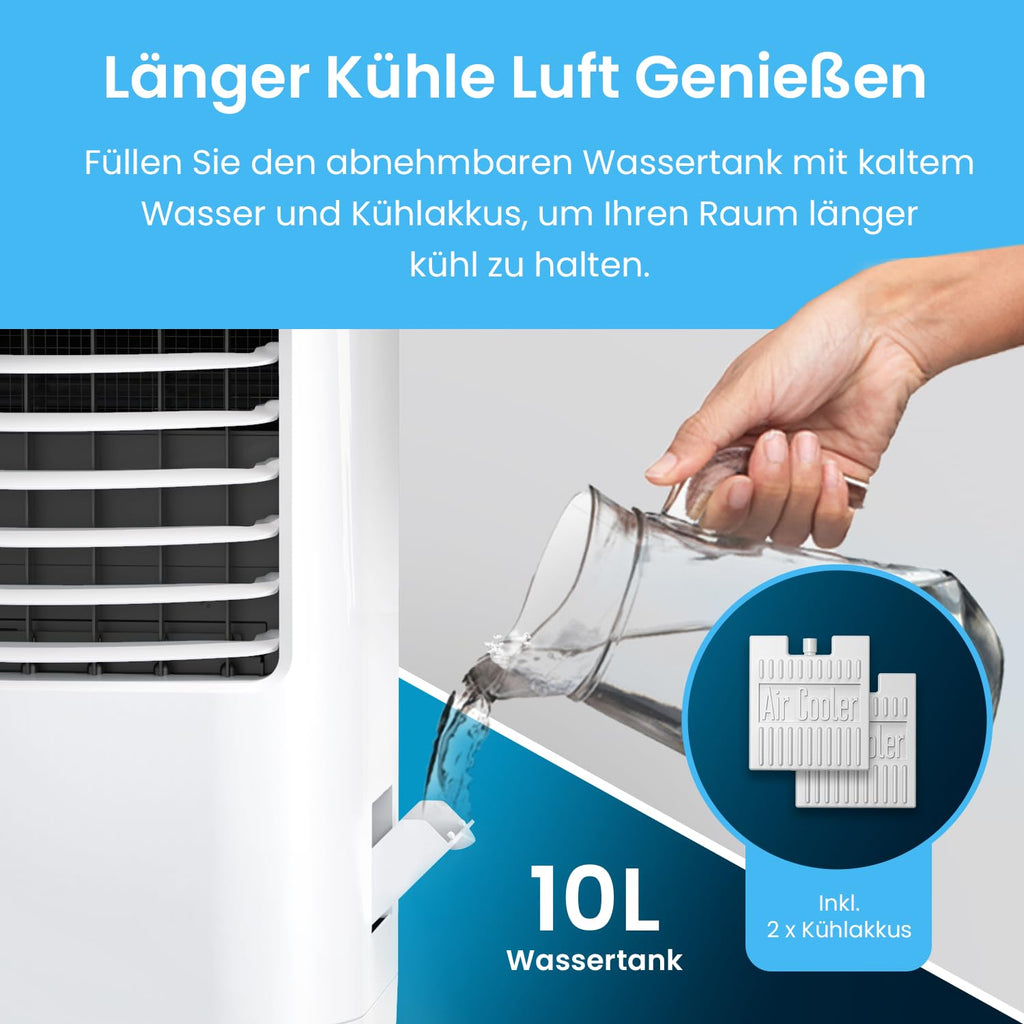 Pro Breeze 10L Mobiler Luftkühler, 4in1 mit 3 Stufen, LED Anzeige und Fernbedienung, Mobiles Klimagerät ohne Abluftschlauch für Luftkühlung, Ventilation, Befeuchtung, inkl. Timer & Oszillation, Weiß