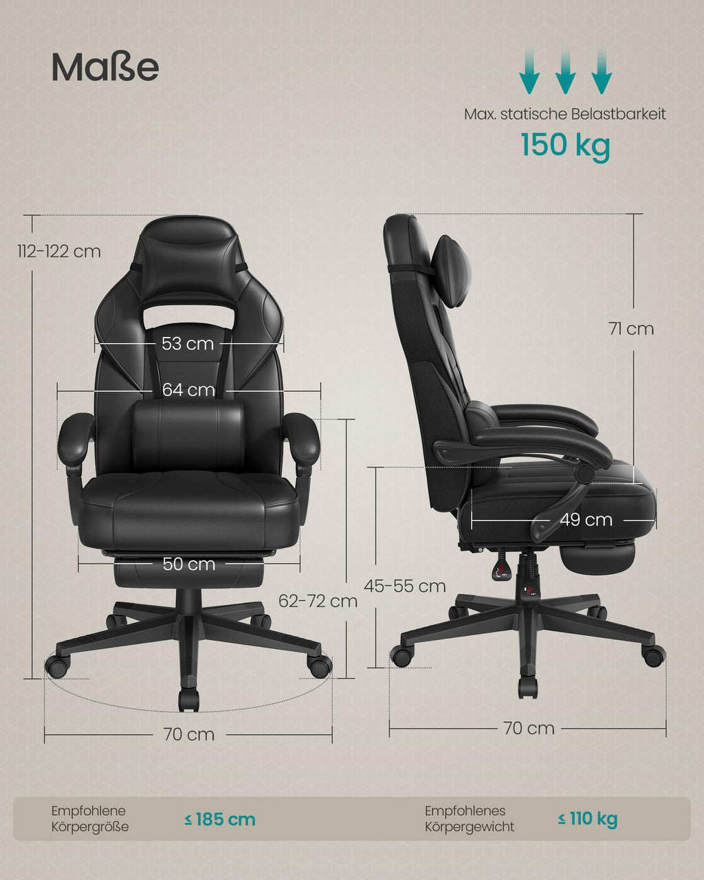 SONGMICS Gaming-Stuhl, Bürostuhl mit Fußstütze, Schreibtischstuhl mit Kopfstütze und Lendenkissen, höhenverstellbar, ergonomisch, bis 150 kg belastbar, tintenschwarz OBG073B05