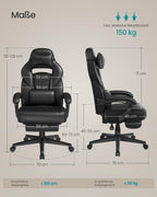 SONGMICS Gaming-Stuhl, Bürostuhl mit Fußstütze, Schreibtischstuhl mit Kopfstütze und Lendenkissen, höhenverstellbar, ergonomisch, bis 150 kg belastbar, tintenschwarz OBG073B05