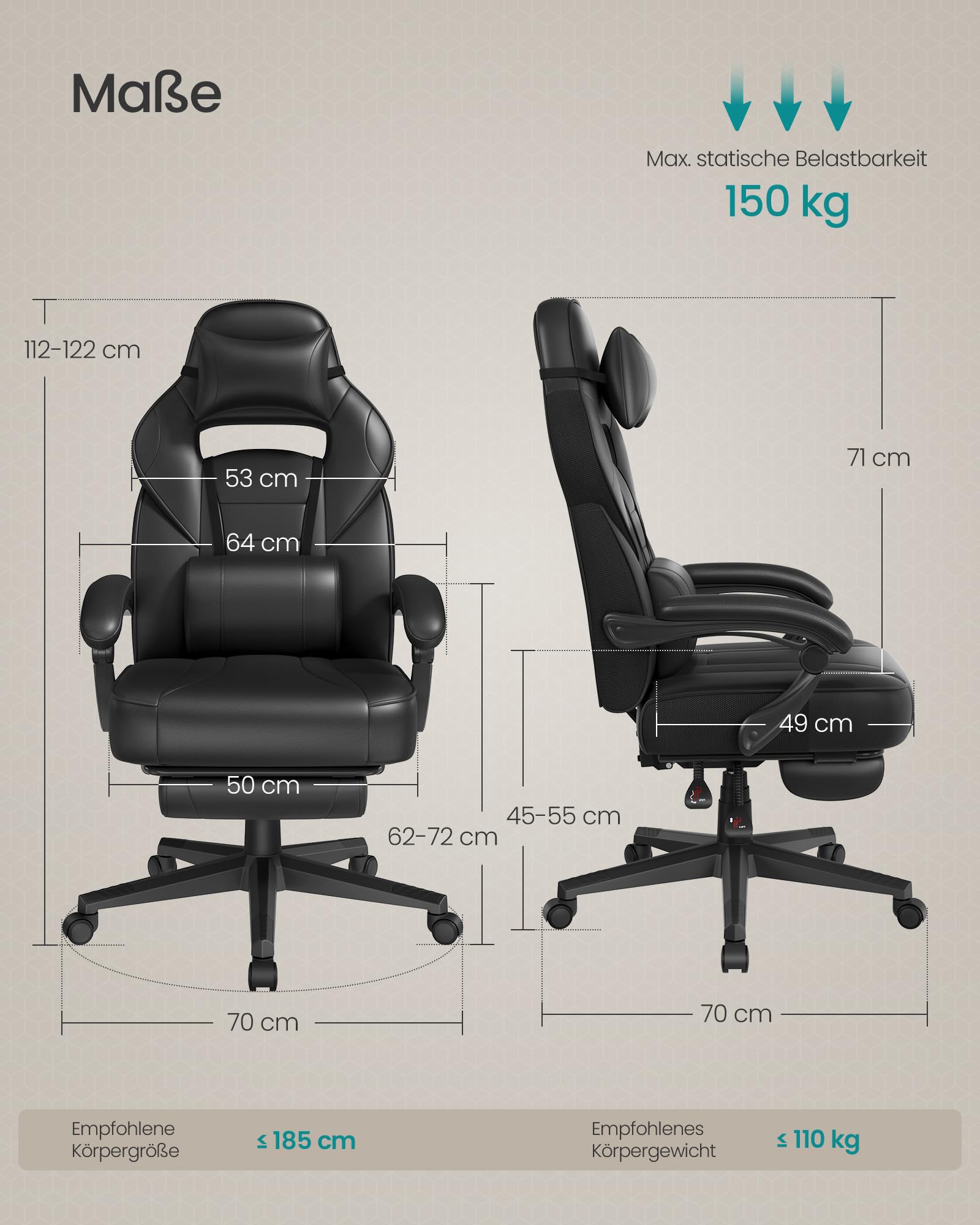 SONGMICS Gaming-Stuhl, Bürostuhl mit Fußstütze, Schreibtischstuhl mit Kopfstütze und Lendenkissen, höhenverstellbar, ergonomisch, bis 150 kg belastbar, tintenschwarz OBG073B05