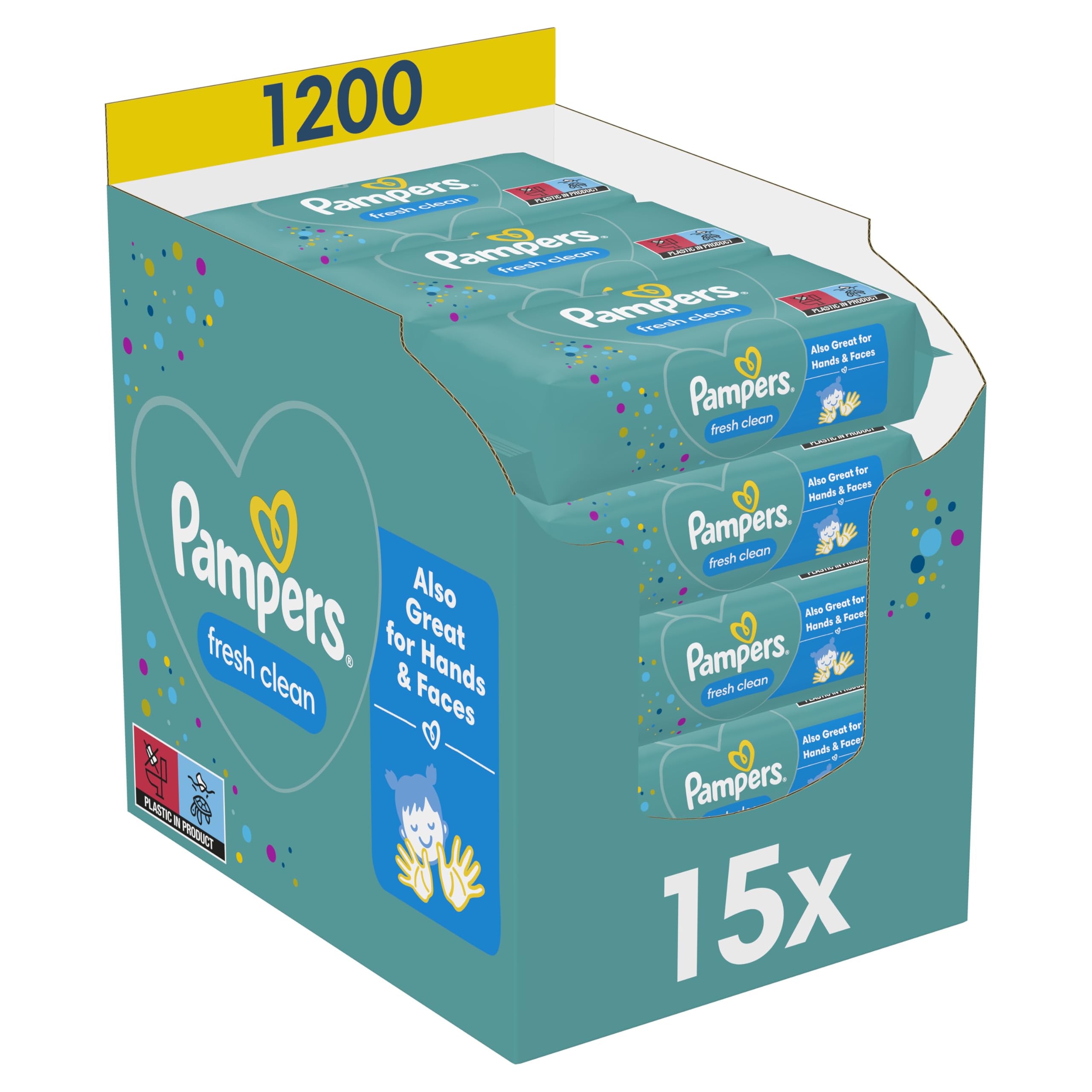 Pampers Fresh Clean Feuchttücher 15 Packungen mit 80 Stück, 1200 Feuchttücher, milder Duft, auch für Hände und Gesicht geeignet