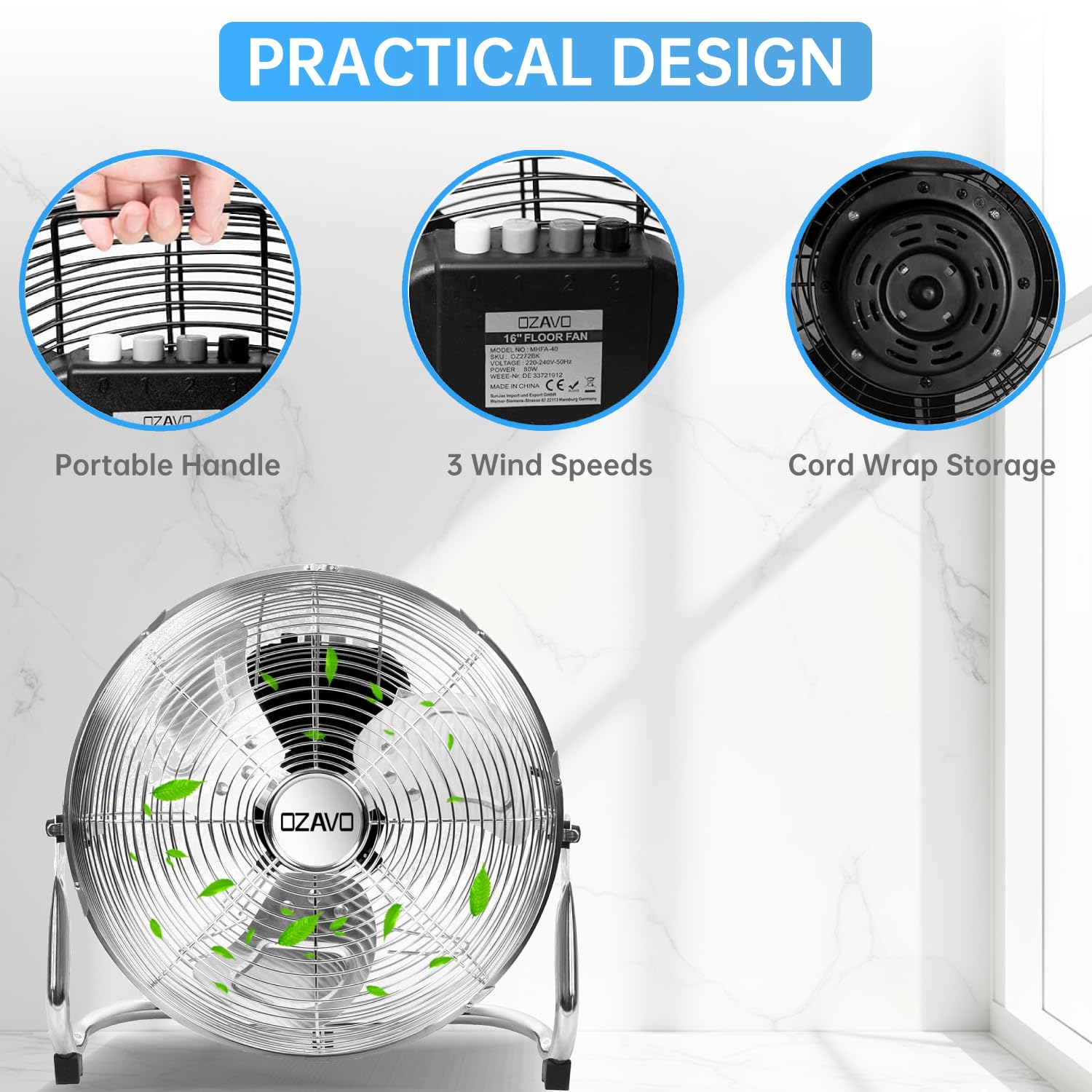 OZAVO Standventilator, Windmaschine ⌀45 cm mit 3 Laufgeschwindigkeiten, Bodenventilator Power, Tischventilator Metall, Luftkühler, verstellbare Neigungswinkel, 80 W
