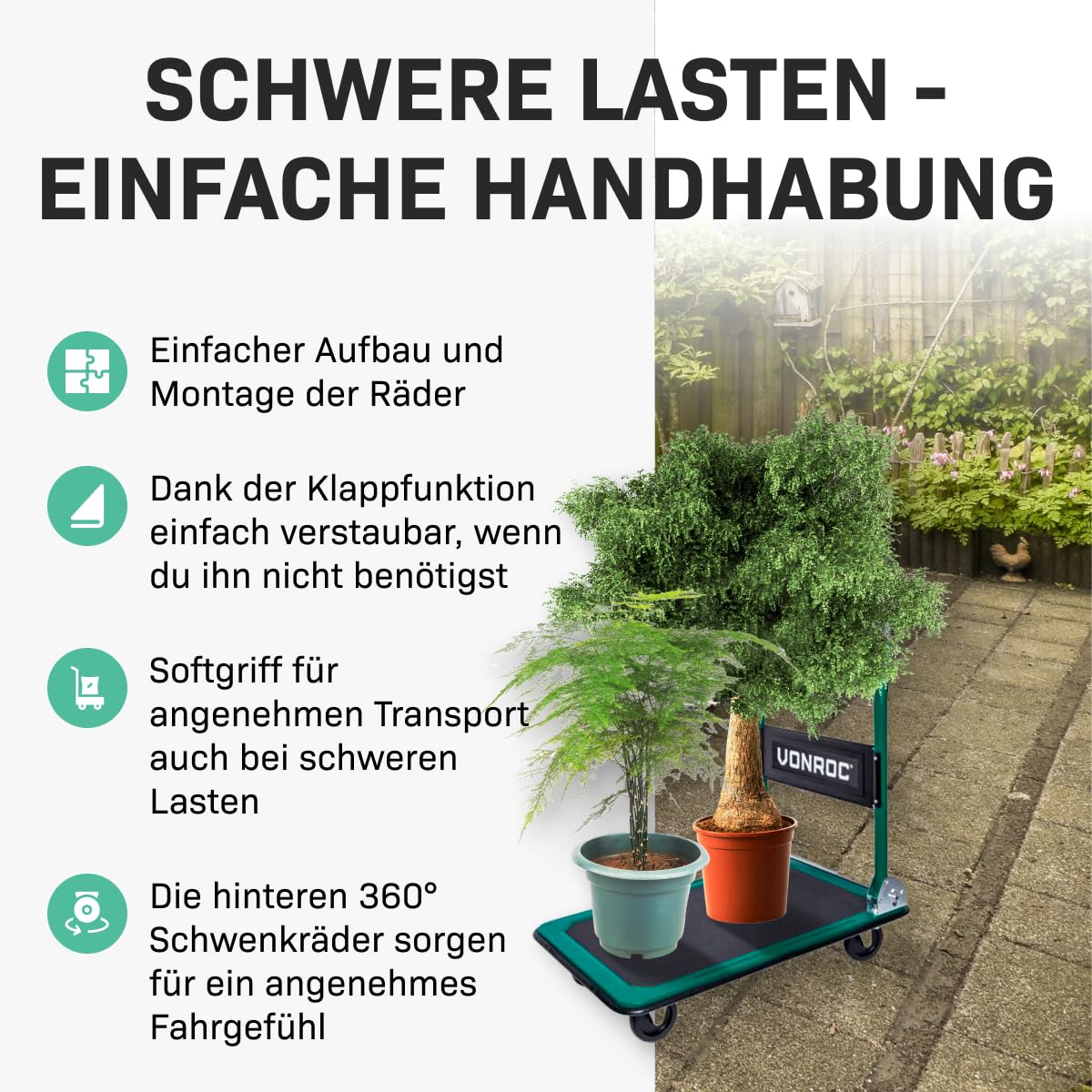 VONROC Transportwagen klappbar 150kg - Plattformwagen als Transporthilfe - Rollwagen mit Griff