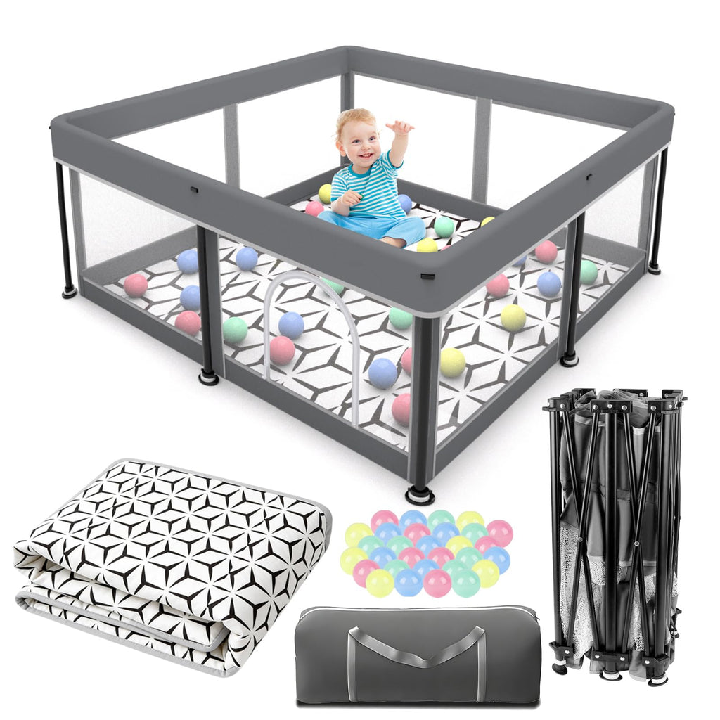 Laufstall Baby Faltbar Playpen with Mat - 127x127CM-Laufgitter, Schneller Aufbau, Sicher & Tragbar für drinnen & draußen (Grau)
