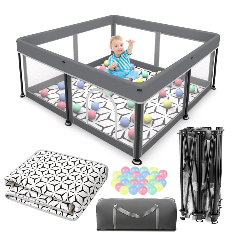 Laufstall Baby Faltbar Playpen with Mat - 127x127CM-Laufgitter, Schneller Aufbau, Sicher & Tragbar für drinnen & draußen (Grau)
