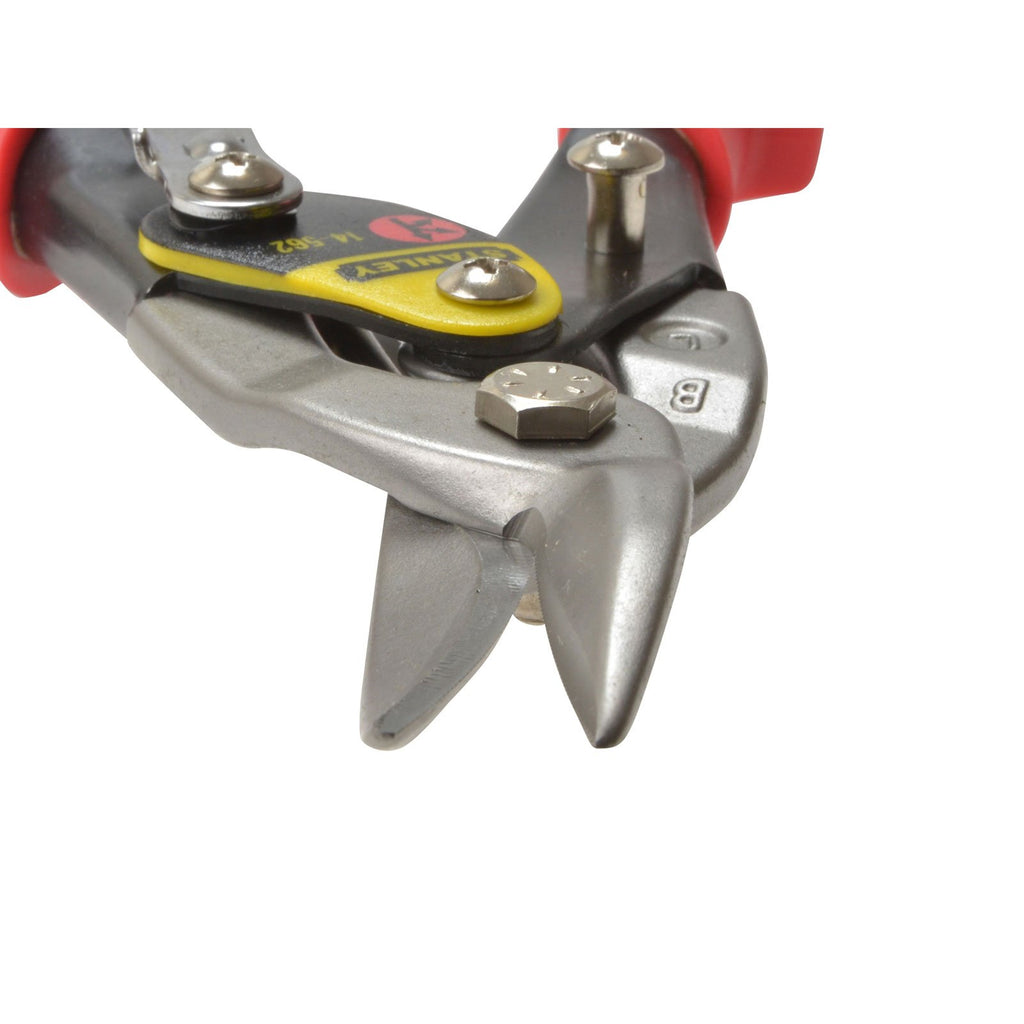 Stanley Maxsteel Blechschere (mit Durchlauf links, 250 mm Länge, Bi-Material Kunststoffhandgriff, chromveredelt, Einhandbedienung) 2-14-567 Red - Offset Left Cut
