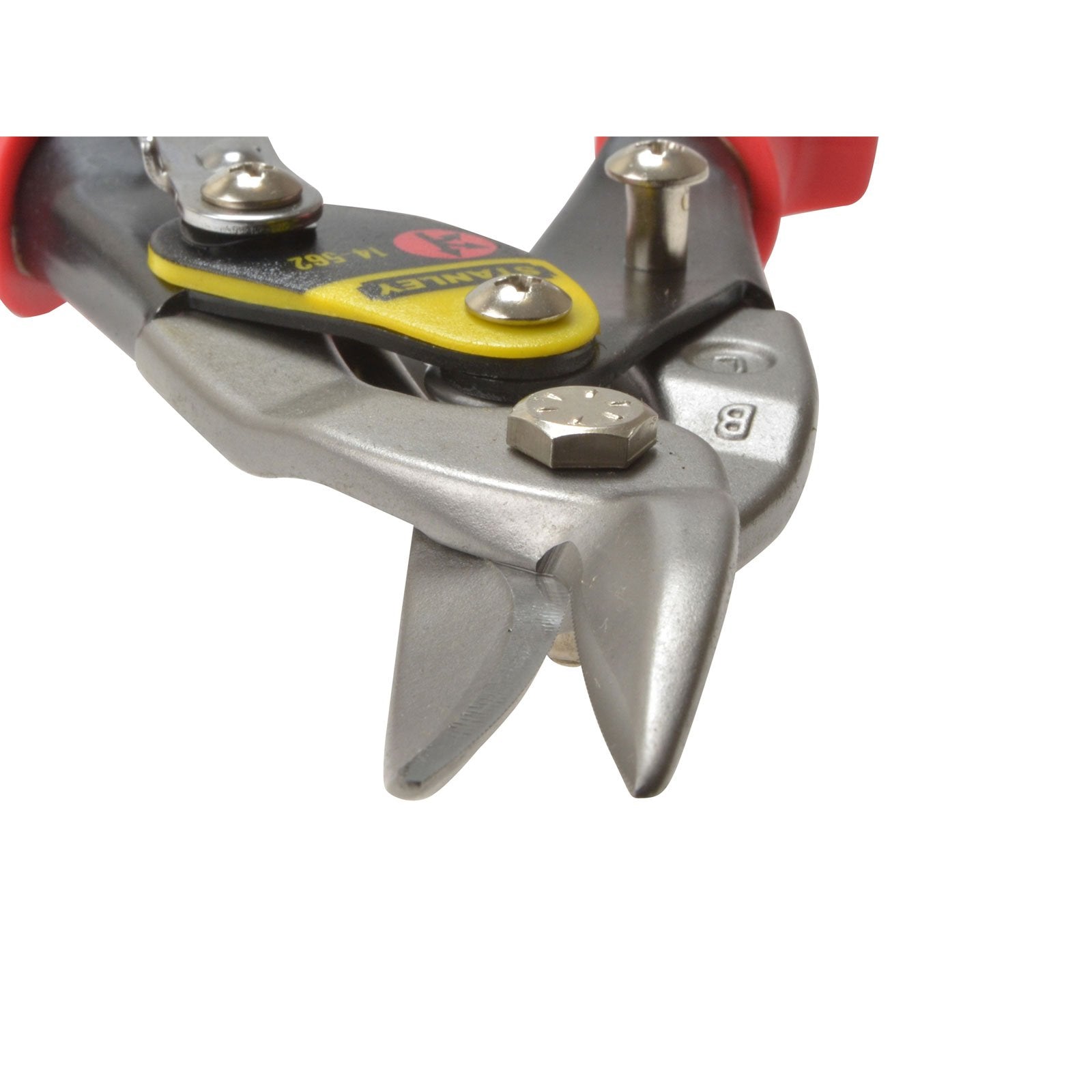 Stanley Maxsteel Blechschere (mit Durchlauf links, 250 mm Länge, Bi-Material Kunststoffhandgriff, chromveredelt, Einhandbedienung) 2-14-567 Red - Offset Left Cut