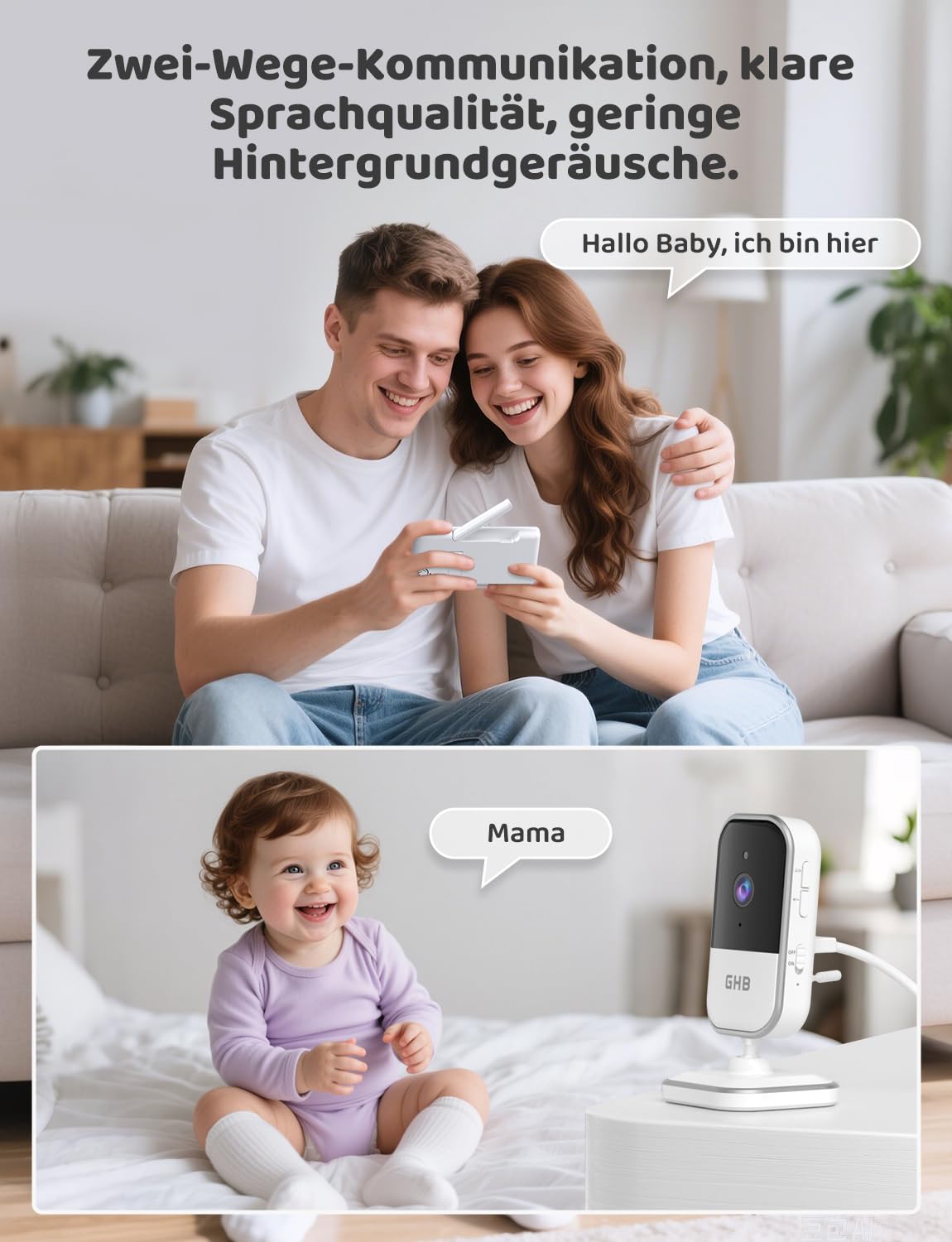 GHB Babyphone mit Kamera 5 Zoll HD IPS Bildschirm 720P 5000 mAh VOX-Energiesparmodus 4-Fach-Zoom Nachtsicht Zwei-Wege-Audio Temperatursensor