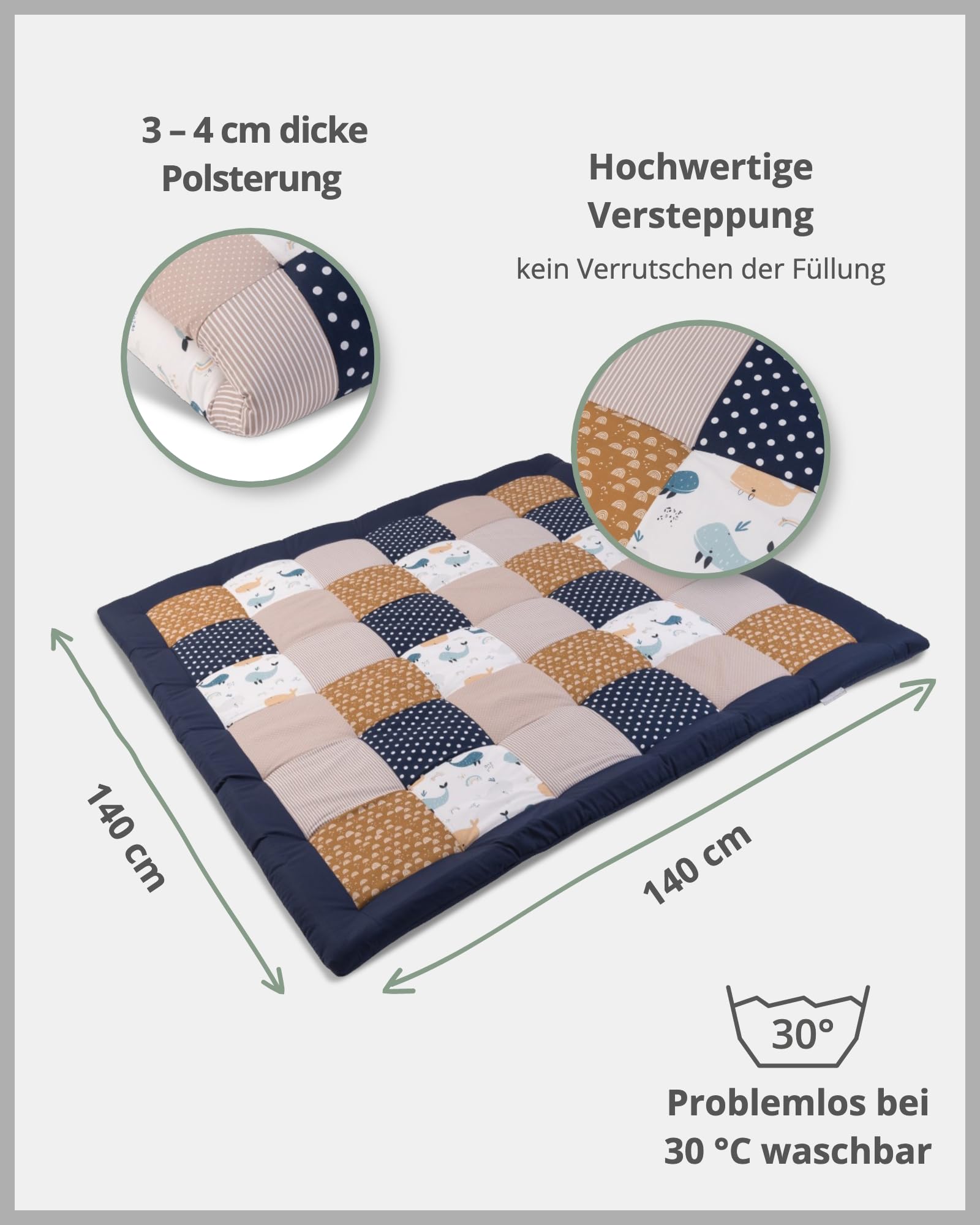 ULLENBOOM Krabbeldecke für Baby 140x140 cm, 100% Oeko-TEX Materialien, Made in EU, Dick & weich gepolstert, Wale - ideal als Babydecke, Krabbelmatte & Spieldecke Baby