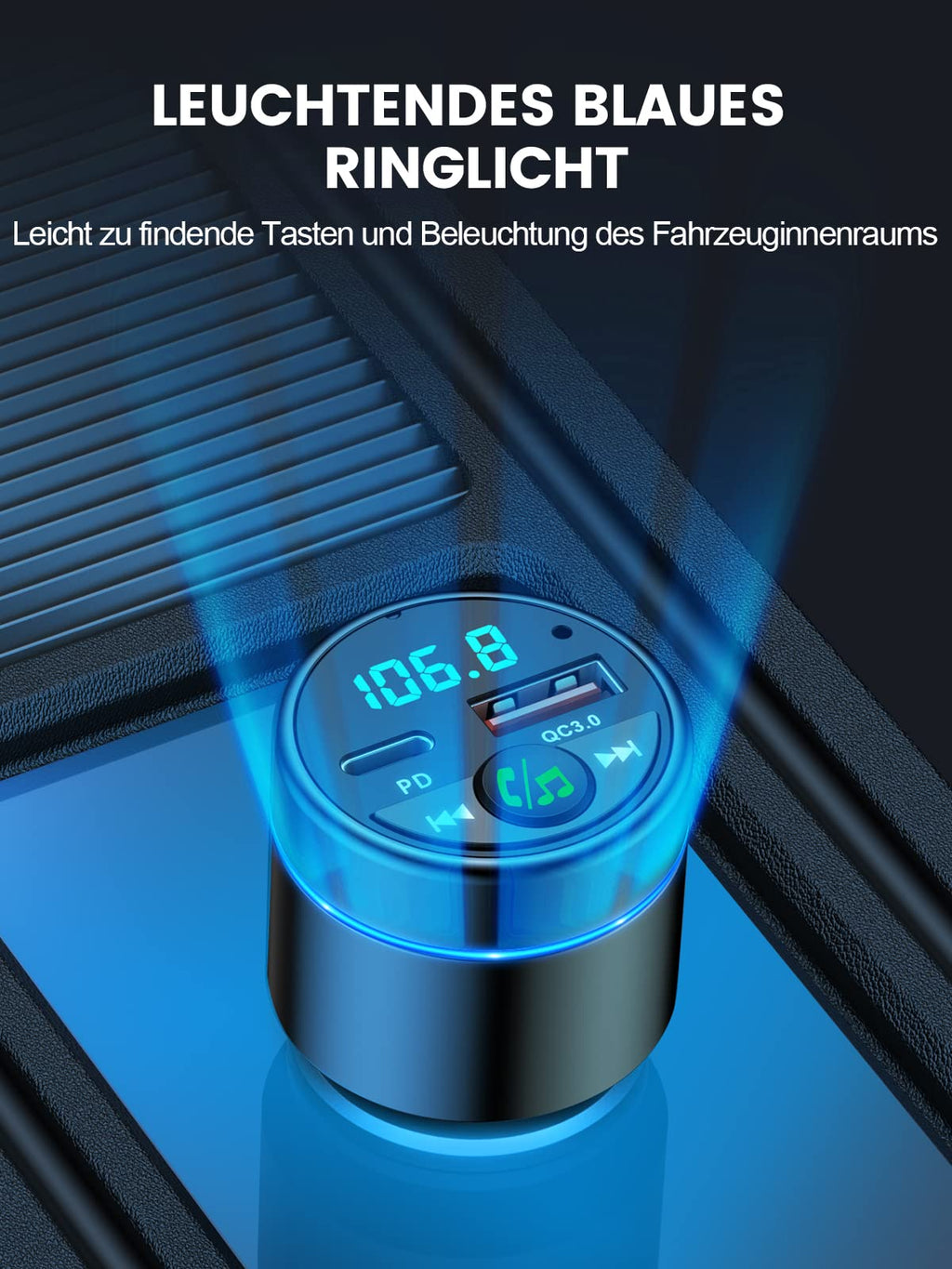 Mohard Bluetooth Adapter Auto, Ganzmetall FM Transmitter Auto Bluetooth mit PD 30W & QC3.0 18W Schnellladung, Freisprechanlage Bluetooth5.3, Rauschunterdrückung Mikrofon, Ringlicht