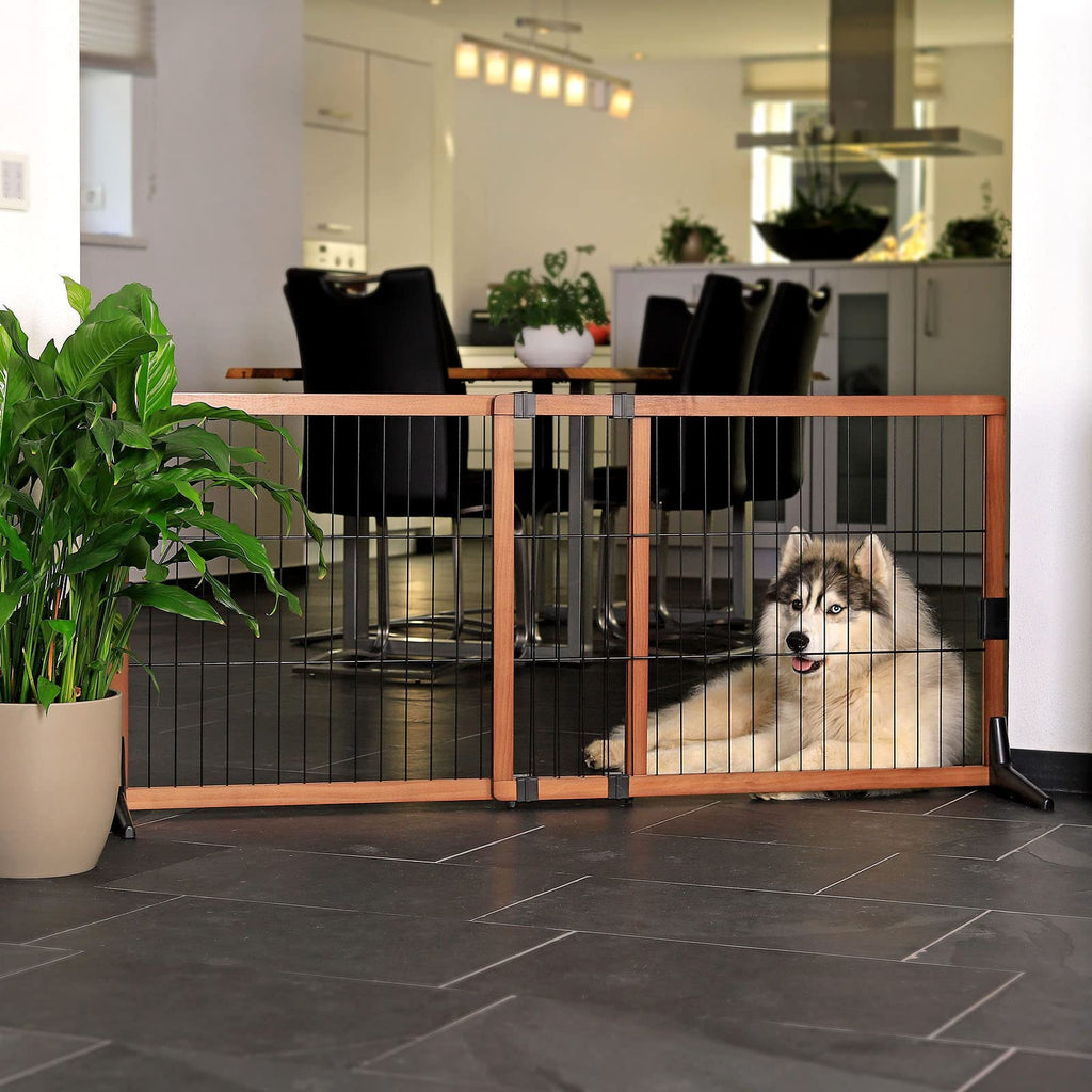 lionto Hundeschutzgitter längenverstellbar, Welpenschutzgitter aus attraktivem Pinienholz sorgt für Sicherheit, Höhe 70 cm, Robustes Absperrgitter für Treppen/Türen, einfacher Aufbau, braun/schwarz