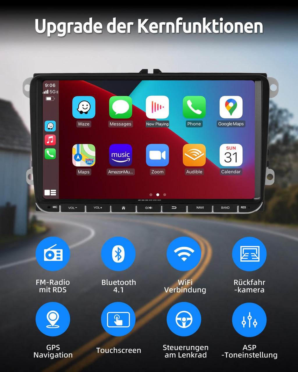 Essgoo 4+64G Autoradio Carplay 9 Zoll Android 14 Wireless Auto Radio Für VW Golf 5 6 Touran B6 EOS Tiguan Polo mit Bluetooth GPS RDS Navi Mirror Link FM SWC