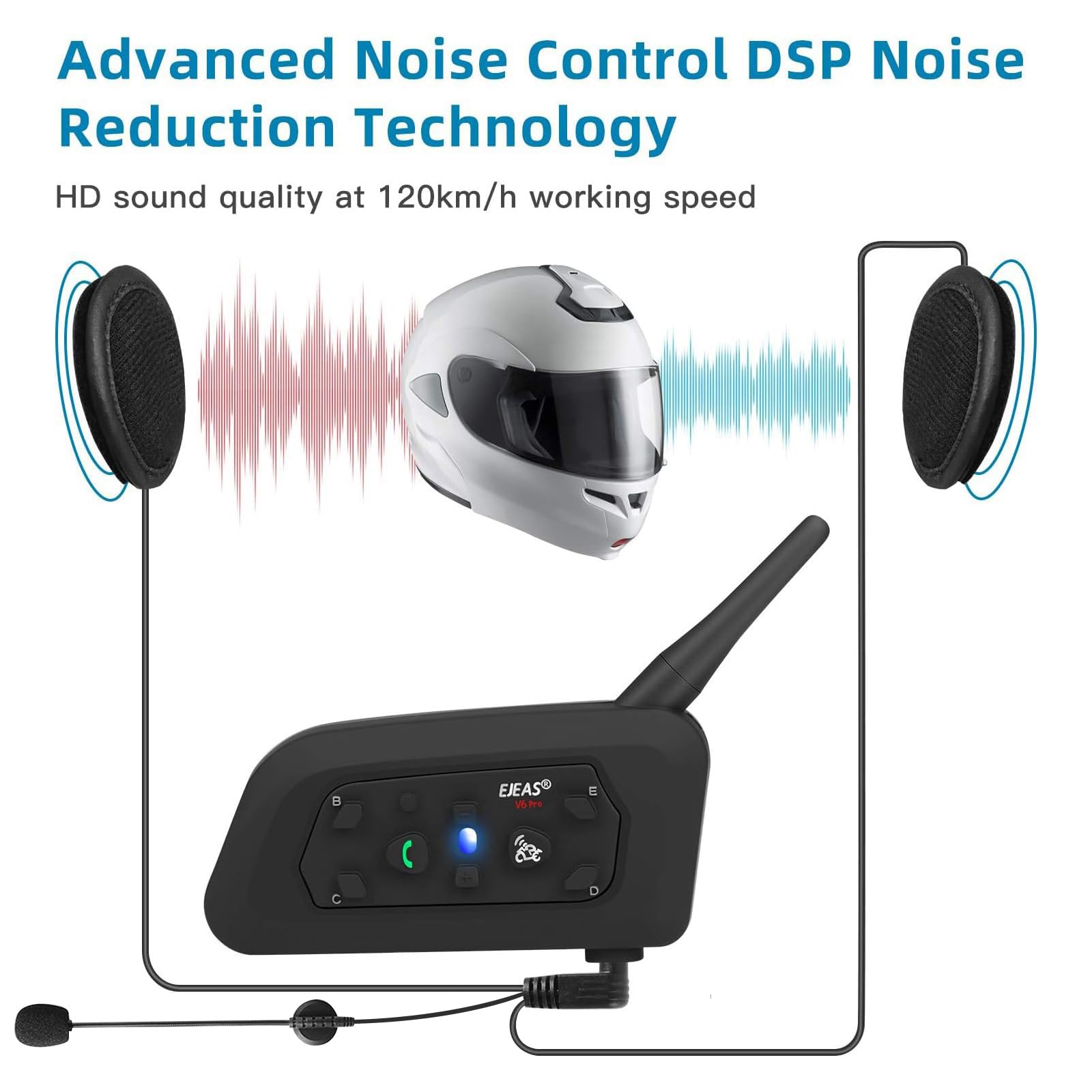 EJEAS V6PRO Motorrad Intercom Bluetooth Headsets 1200m bis zu 6 Reiters DSP-Rauschunterdrückung, Wasserdicht, Kommunikationssystem für Motorräder, 1 Stück