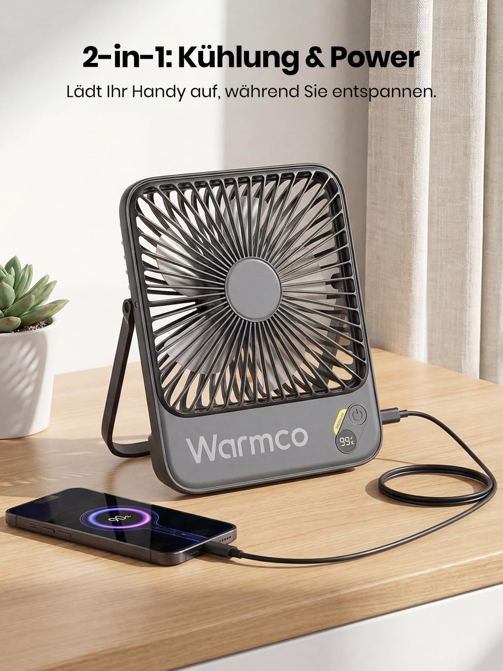 Warmco 10000mAh Tragbarer Ventilator 21 cm Hoch, Max 24h Laufzeit, Ultra-dünn Leise Akku Tischventilator mit Digitalanzeige für Camping, Büro, Schlafzimmer, Reisen