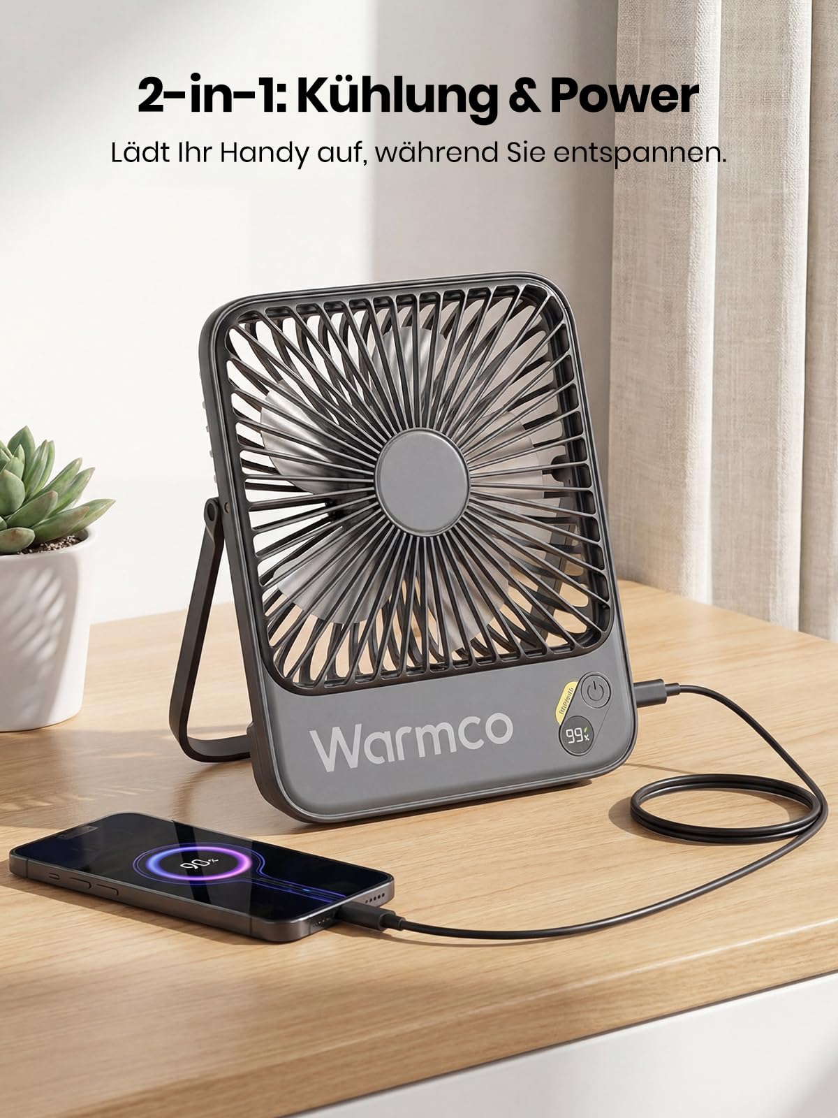 Warmco 10000mAh Tragbarer Ventilator 21 cm Hoch, Max 24h Laufzeit, Ultra-dünn Leise Akku Tischventilator mit Digitalanzeige für Camping, Büro, Schlafzimmer, Reisen