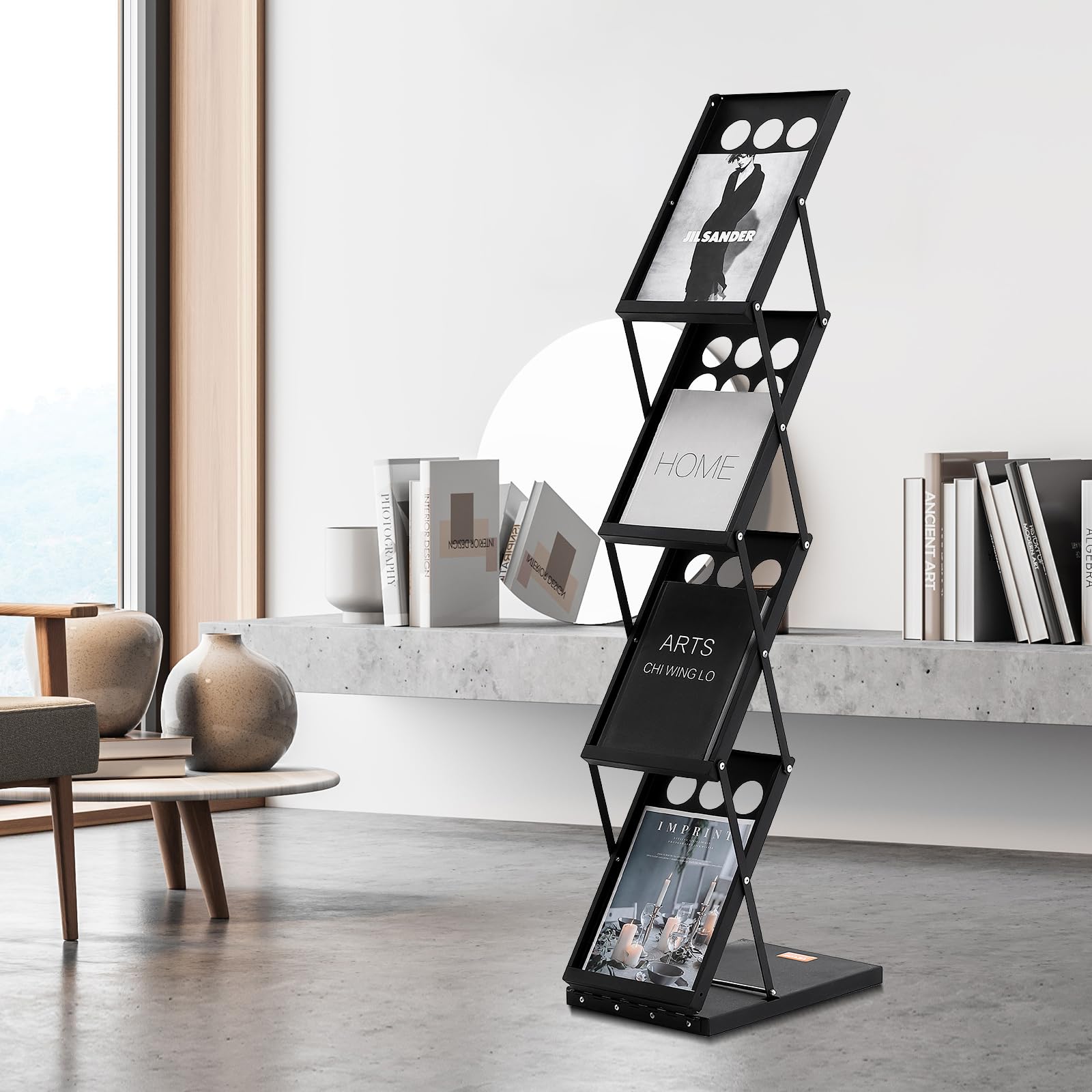 VEVOR Prospektständer Bodenprospektständer 4 Fächer faltbar, Literaturstände Zeitungskatalogständer, Broschürenständer mit Tragetasche für Geschäfte Ausstellungen Büros 27 x 36 x 125 cm Schwarz