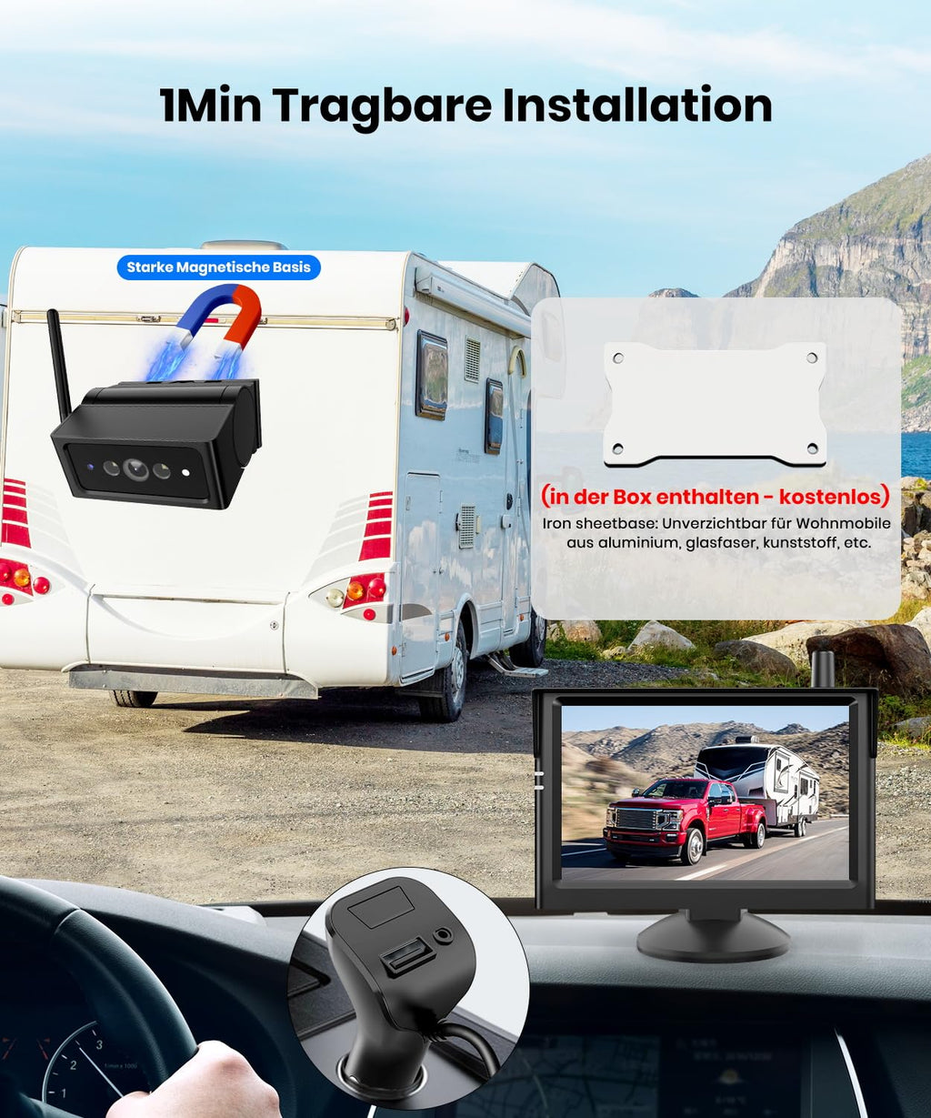 AUTO-VOX Magnetische Kabellos Rückfahrkamera, Weitwinkel Einparkhilfe mit 5" Monitor, 1080P IR Nachtsicht IP69K wasserdichte Rückfahrkameras für Wohnmobil Wohnwagen Anhänger(S4B)
