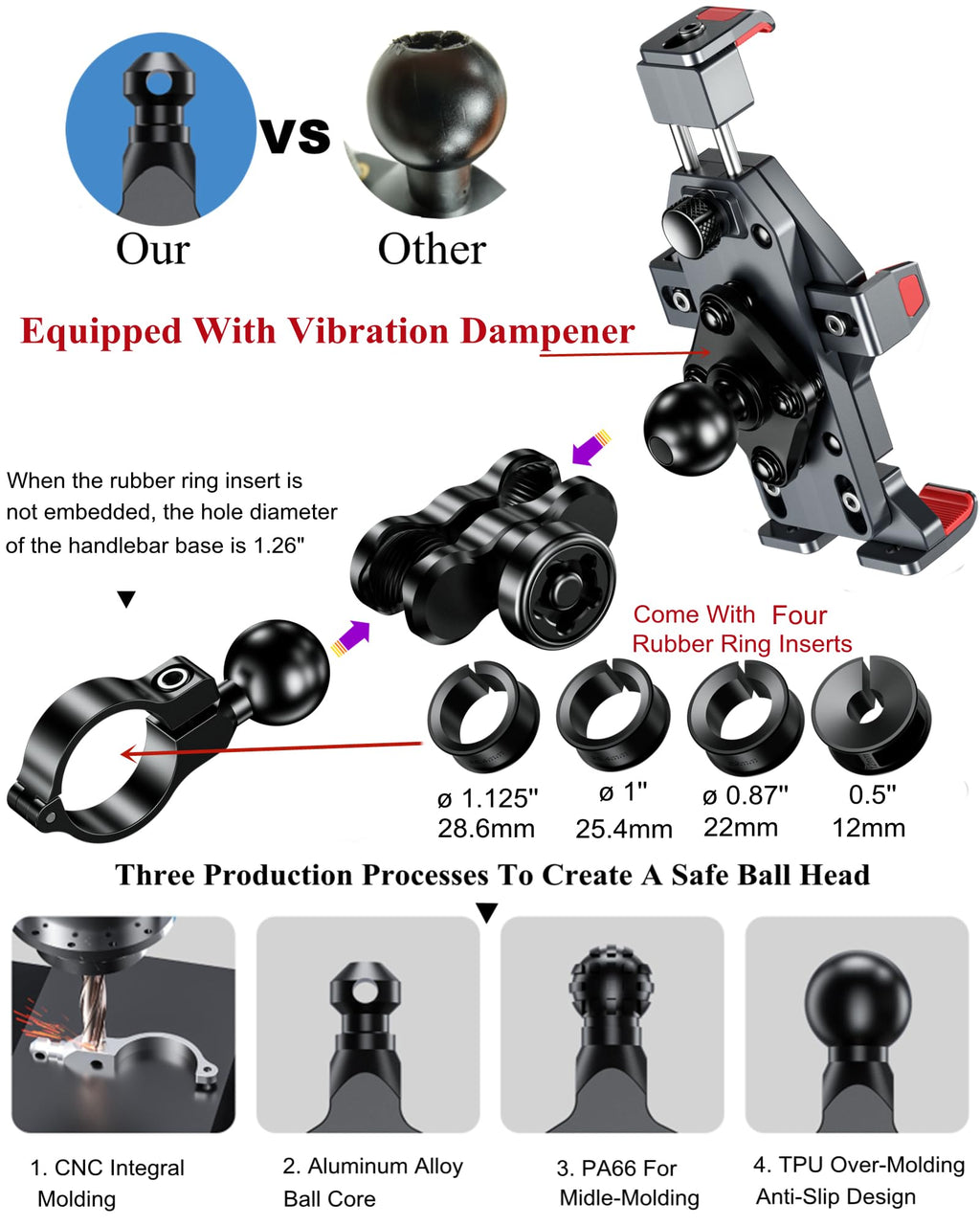 BRCOVAN Aluminiumlegierung Motorrad Handyhalterung mit Vibrationsdämpfer, Diebstahlsichere Handy Motorradhalterung, Verstellbar Lenker Handyhalter für Fahrrad, Roller, ATV, für 4,7-7,2 Zoll Smartphone