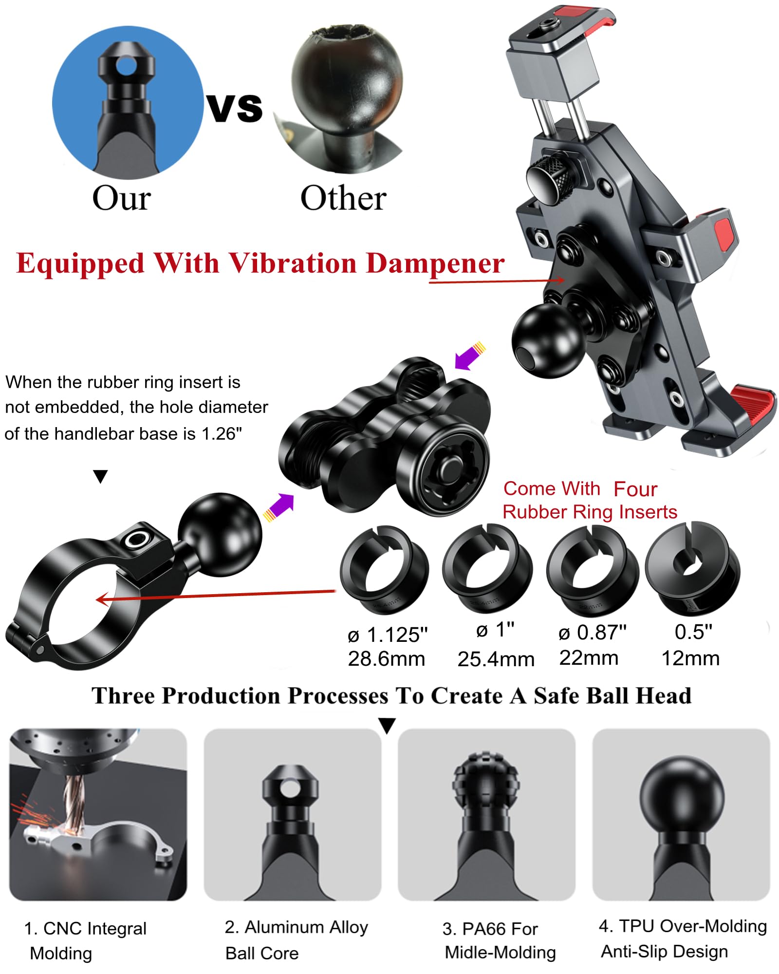 BRCOVAN Aluminiumlegierung Motorrad Handyhalterung mit Vibrationsdämpfer, Diebstahlsichere Handy Motorradhalterung, Verstellbar Lenker Handyhalter für Fahrrad, Roller, ATV, für 4,7-7,2 Zoll Smartphone