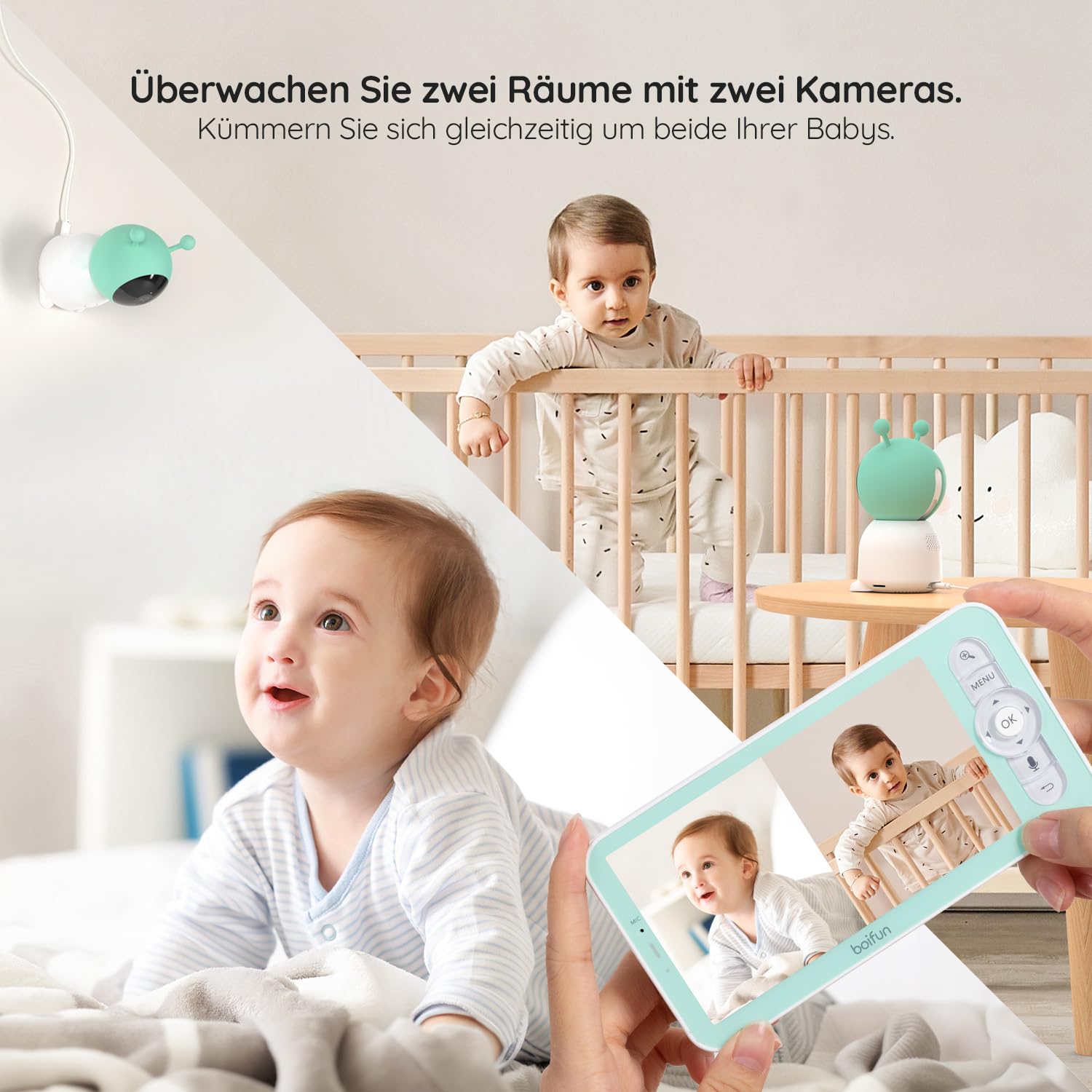 BOIFUN Babyphone mit 2 Kamera App, 2K QHD Bild, 355° Schwenken-60° Neige, 4×Zoom, Automatische Verfolgung, Weinen/Bewegungs/Geräuscherkennung, Temperatur und Feuchtigkeitsmessung