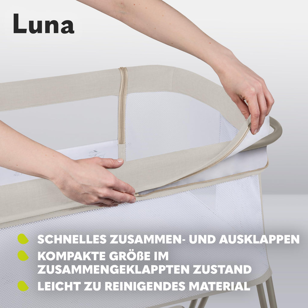 Lionelo Luna EIN tragbares Beistellbett mit Einer Matratze, reisebett, von Neugeboren bis 9 kg, in der Höhe und der Neigung verstellbar, 4 Rädern mit Bremse, Befestigung zum Elternbett (Beige)