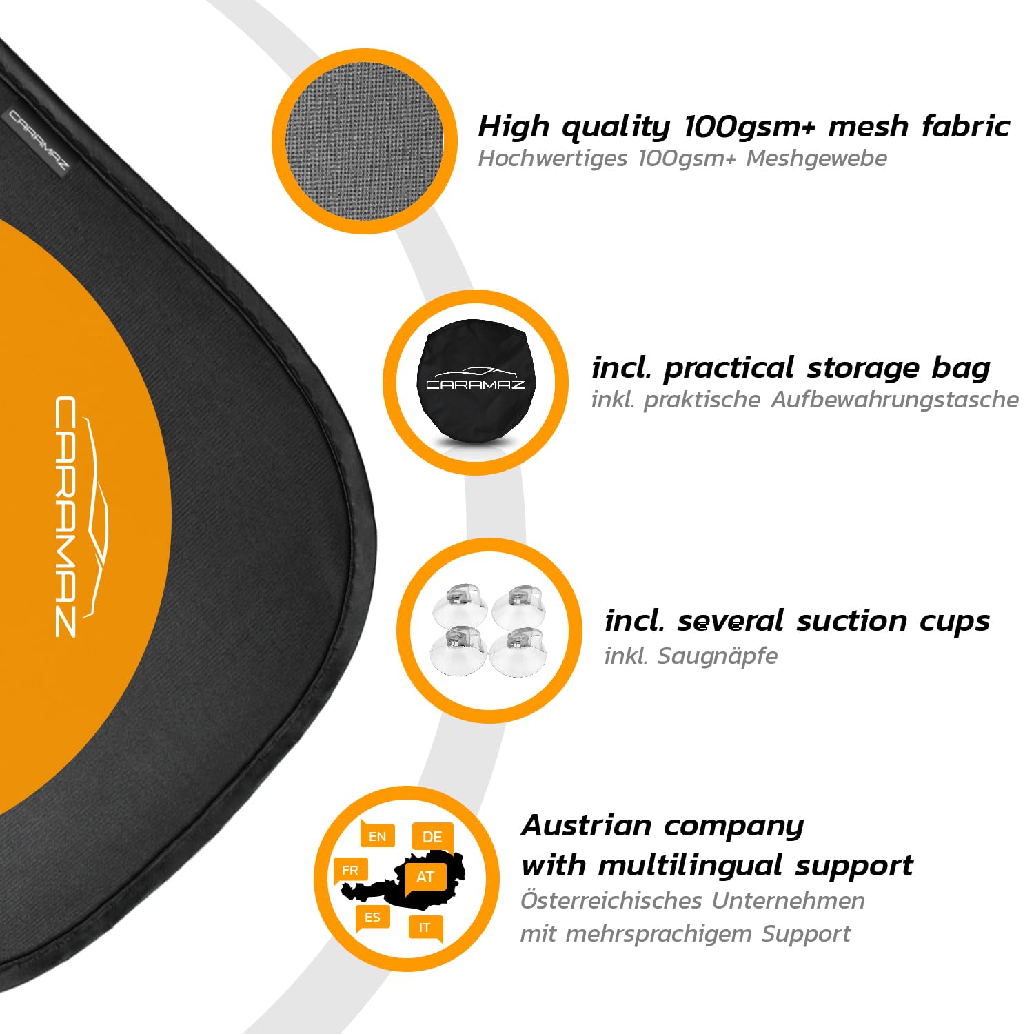 CARAMAZ Sonnenschutz Auto Baby mit zertifiziertem UV Schutz, universell passend 48 x 30 cm, 2 Stück Sonnenblende, mit Saugnäpfen