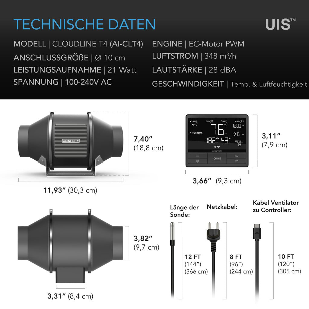 AC Infinity CLOUDLINE PRO T4 – Leises Inline-Lüftersystem 100 mm mit Temperatur-/Feuchtigkeits-VPD-Controller und App-Steuerung, für Grow-Zelte und Hydroponik