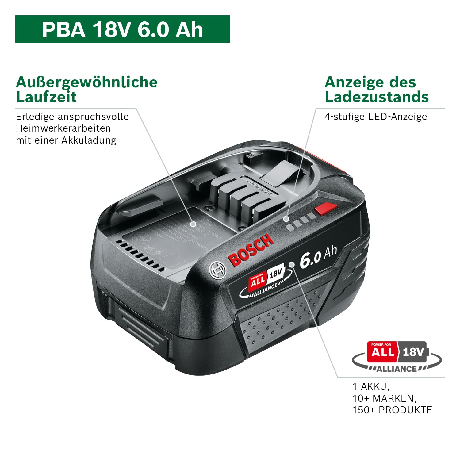 Bosch Akku Pack PBA 18V 6,0Ah W-C (18 Volt System, 6,0Ah Akku, im Karton)