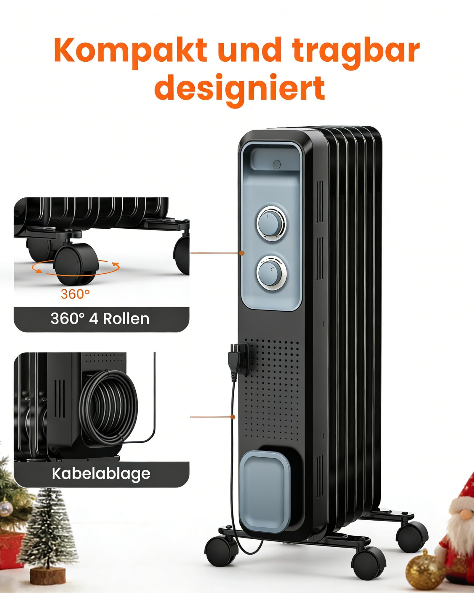 COWSAR Ölradiator energiesparend, Schnelle Wärme, 3 Heizstufen mit Rollen & Griff, Kipp- und Überhitzungsschutz, Büro/Garten/Wohn- und Schlafzimmer, Matt Schwarz