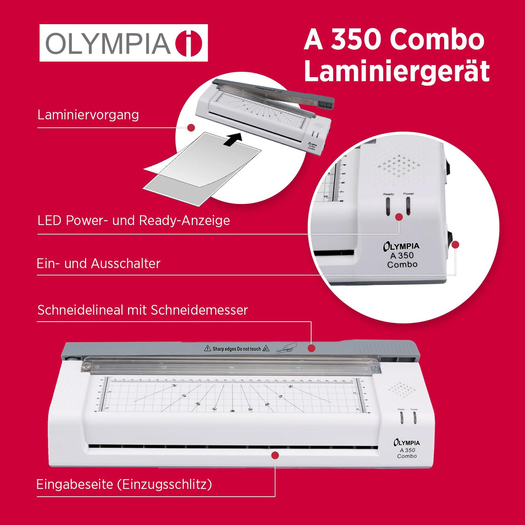 Olympia A 350 Combo 3-in-1 Laminiergerät | Heiß- und Kaltlaminieren | Kombi Laminier- und Schneidegerät | Keine Blasenbildung | Laminiergerät A4 | Laminator | Modernes und kompaktes Design