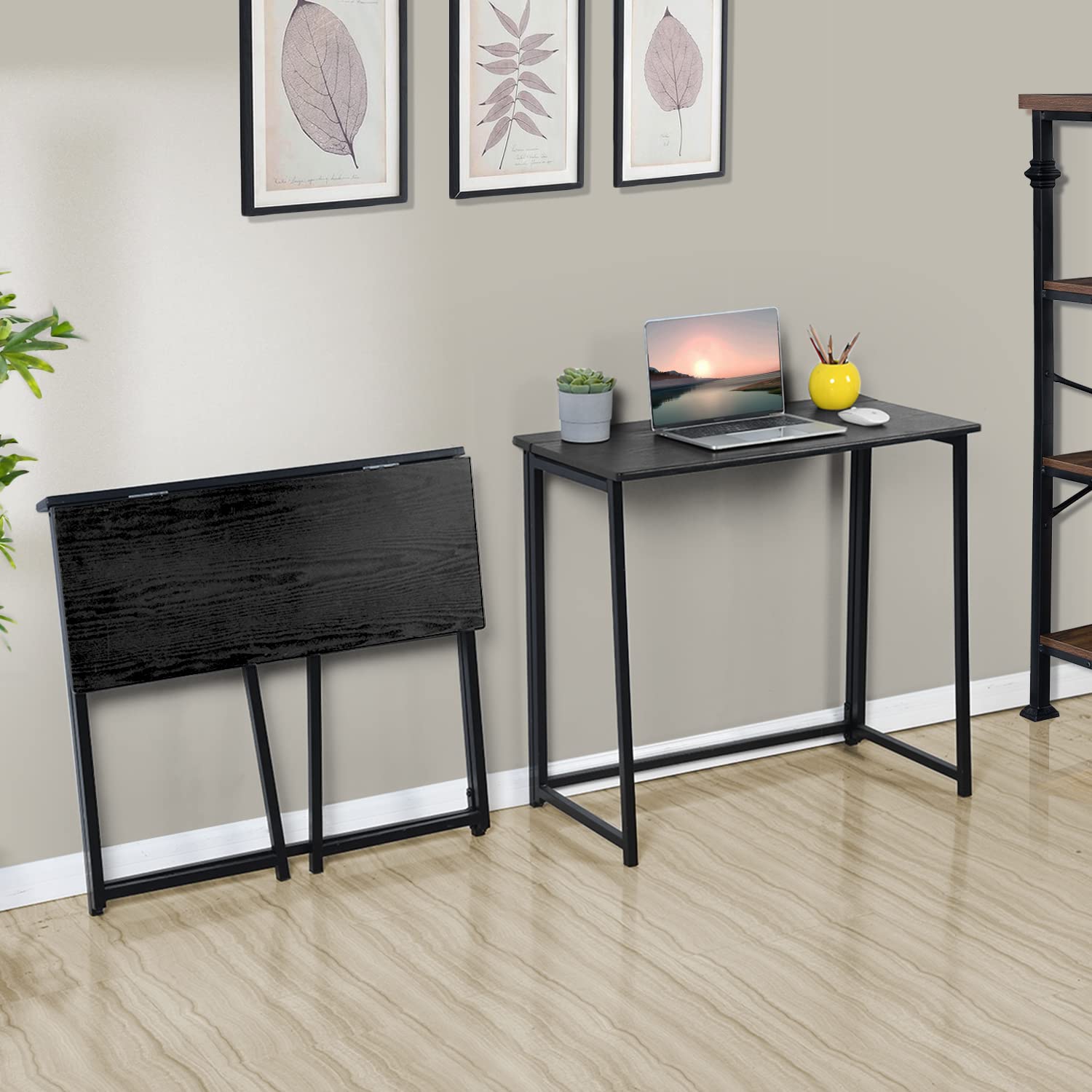 MEUBLE COSY Klapptisch Kleiner Klappbarer Schreibtisch Laptoptisch aus Holz und Metall Computertisch fürs Büro, Wohnzimmer, Home Office, Industrie-Design, Schwarz