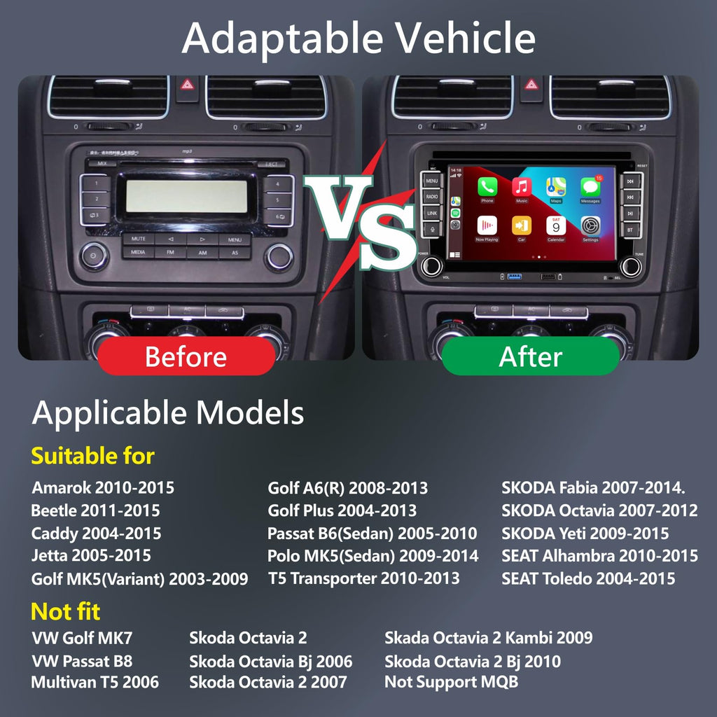 KTTCORLP Linux Autoradio Mit Bildschirm für Golf 5 6 VW Polo 6R T5 Passat Touran Seat mit Navi FM/AM, WLAN, Apple Carplay, Android Auto, Lenkrad Strg, DAB AutoTouch Display 7 Zoll