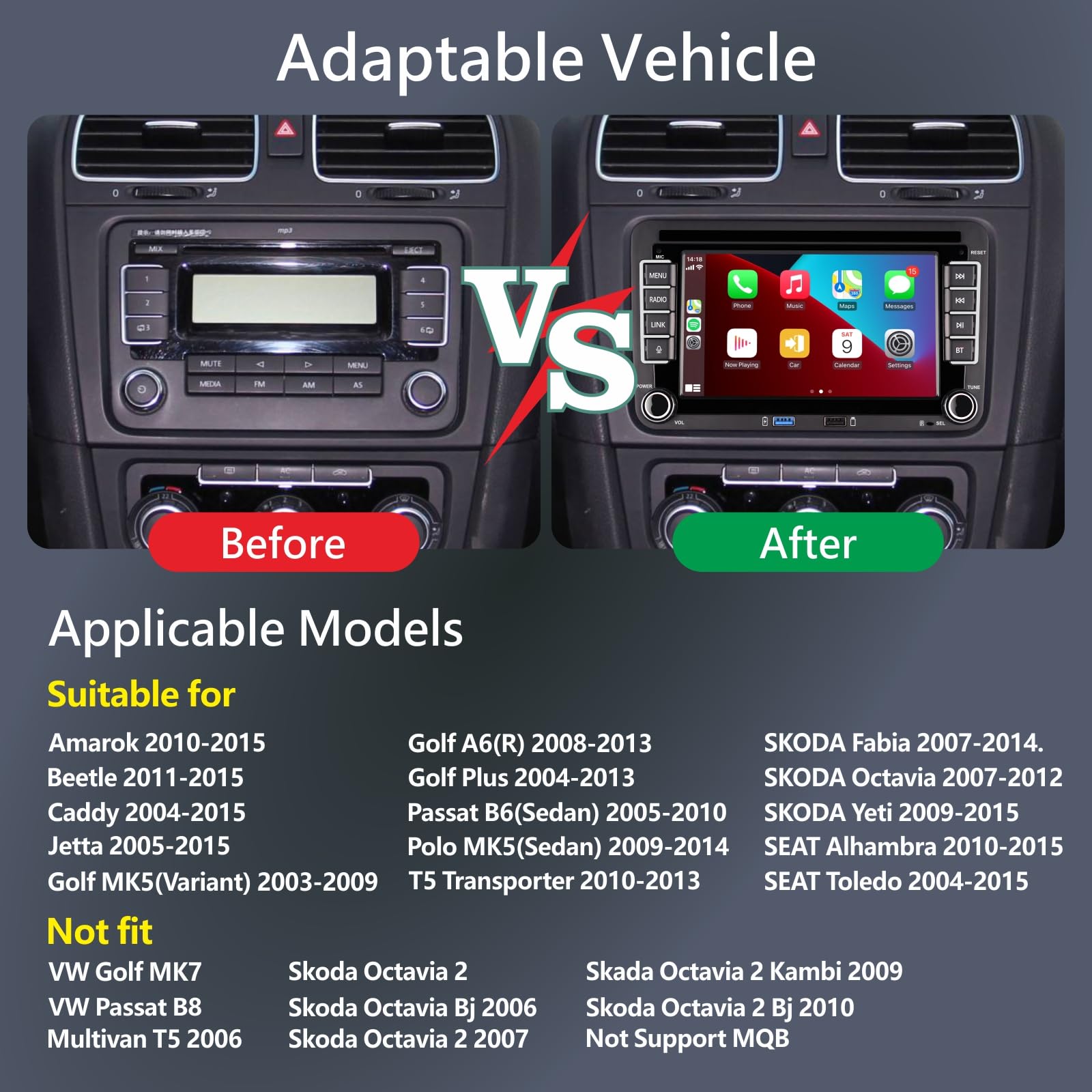 KTTCORLP Linux Autoradio Mit Bildschirm für Golf 5 6 VW Polo 6R T5 Passat Touran Seat mit Navi FM/AM, WLAN, Apple Carplay, Android Auto, Lenkrad Strg, DAB AutoTouch Display 7 Zoll