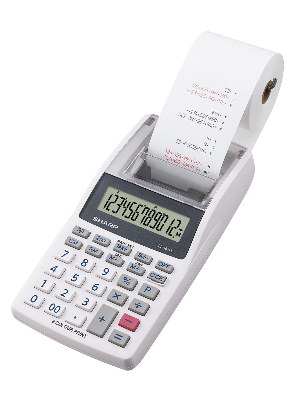 Sharp Druckender Mini-Tischrechner EL-1611V (großes 12-stelliges LCD Display, schwarz rote Druckfarben) Weiß
