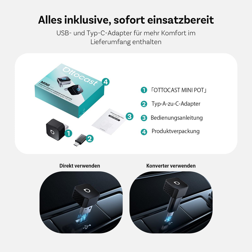 OTTOCAST Mini Pot 2026 Upgraded, 2-in-1 CarPlay & Android Auto Wireless Adapter für iOS 10+/Android 11+, Plug & Play, USB/Typ-C, OTA-Upgrade, Konvertiert Kabelgebunden zu Kabellos um, Schwarz