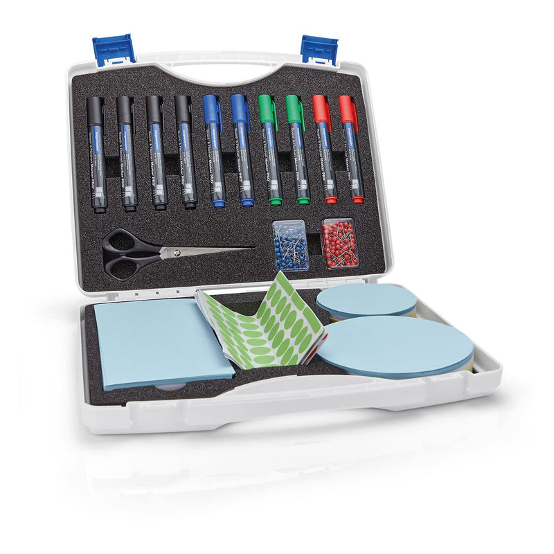 magnetoplan ultraleichter, tragbarer Kunststoffkoffer mit Clip-Verschluss und Griff - Aufbewahrungsbox mit Board- und Flipchartmarkern, Schere, Moderationskarten, Zeichenstiften und Punktaufklebern