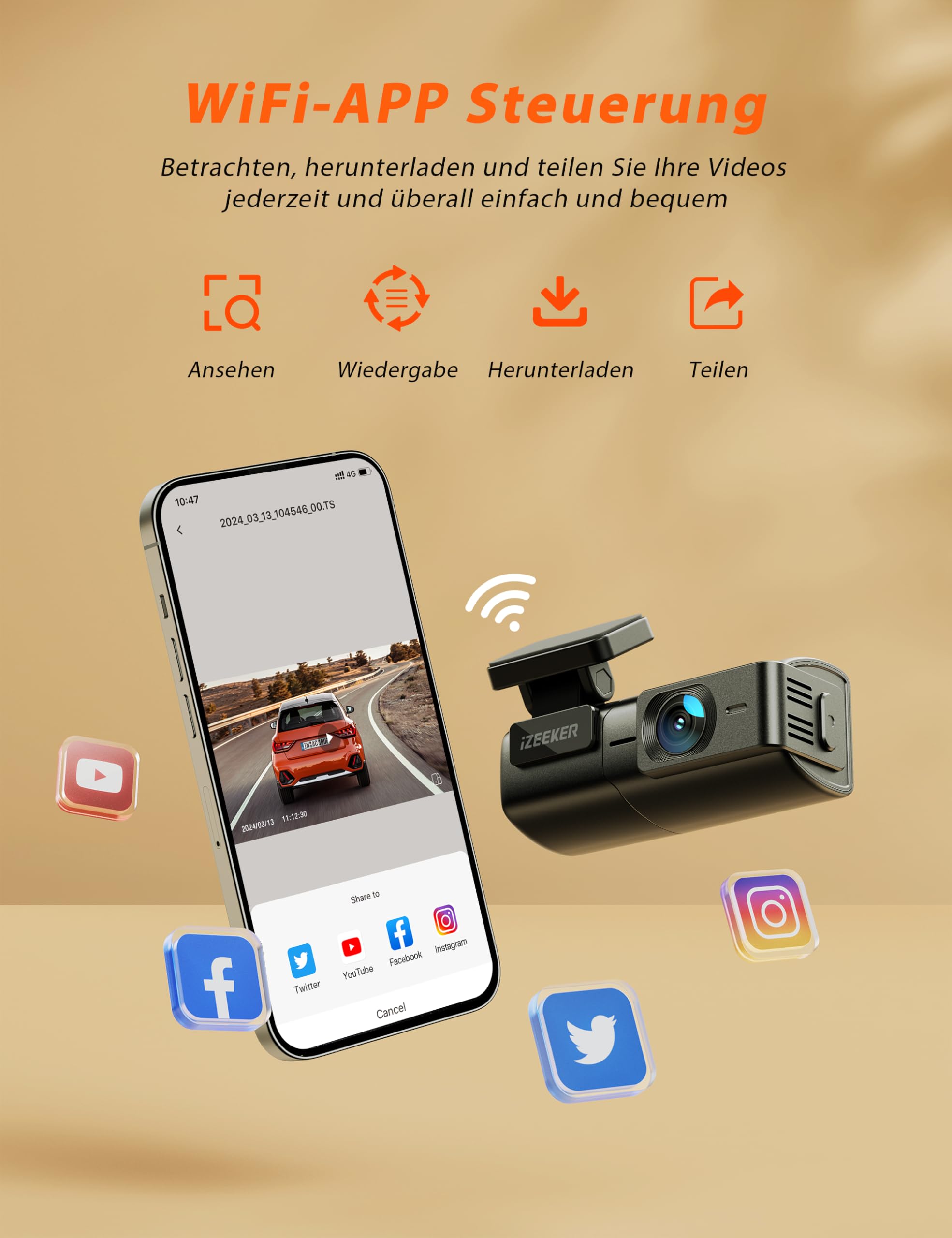 iZEEKER 2,5K Dashcam Auto, WiFi Dash Cam mit 32GB SD Karte, Mini Auto Kamera, 1440P Dash-Cam Auto mit APP Steuerung, 24/7 Parküberwachung, WDR Nachtsicht, 170° Weitwinkel, G-Sensor, Loop-Aufnahme