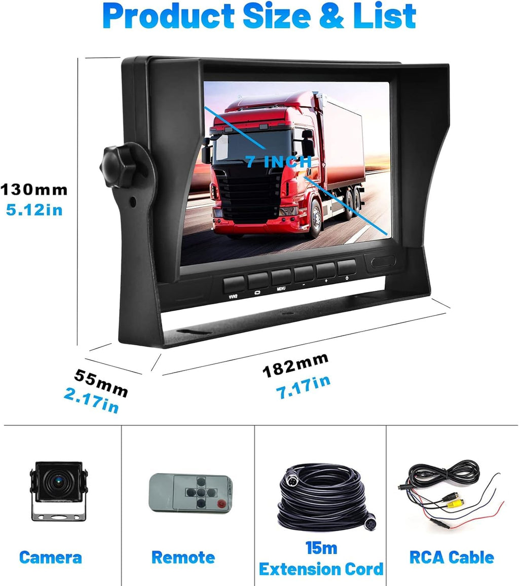 Hikity AHD Rückfahrkamera Kit mit 7 Zoll Rear View Monitor, 12-24V Kabel Rückfahrkameras Set mit P68 Wasserdichter IR Nachtsich Auto Rückfahrkamera 4Pin 15M für Kfz, SUV, Van, Campingbus, Anhänger