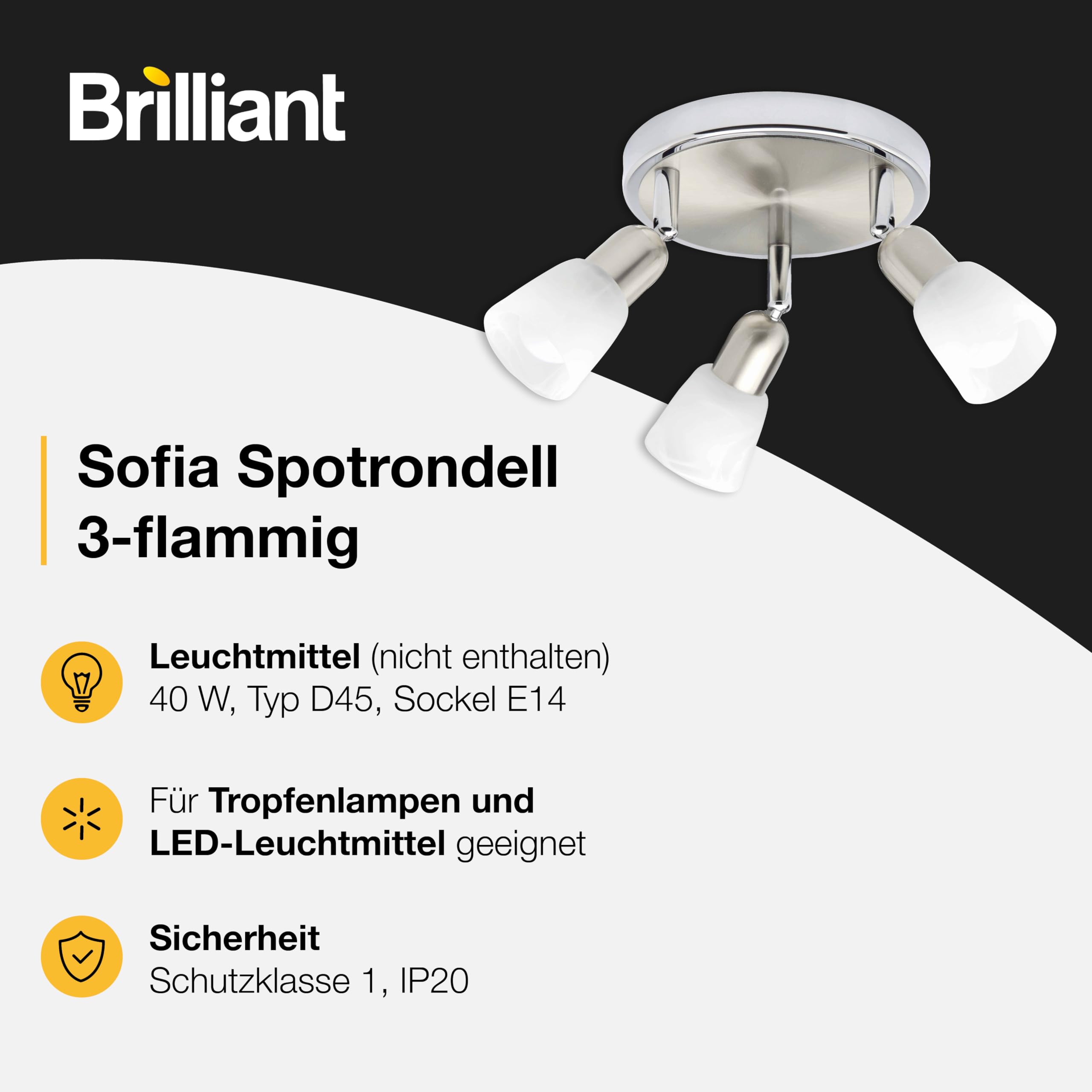 Brilliant Lampe Sofia Spotrondell 3flg eisen/chrom/weiß | 3x D45, E14, 40W, geeignet für Tropfenlampen (nicht enthalten) | Köpfe schwenkbar
