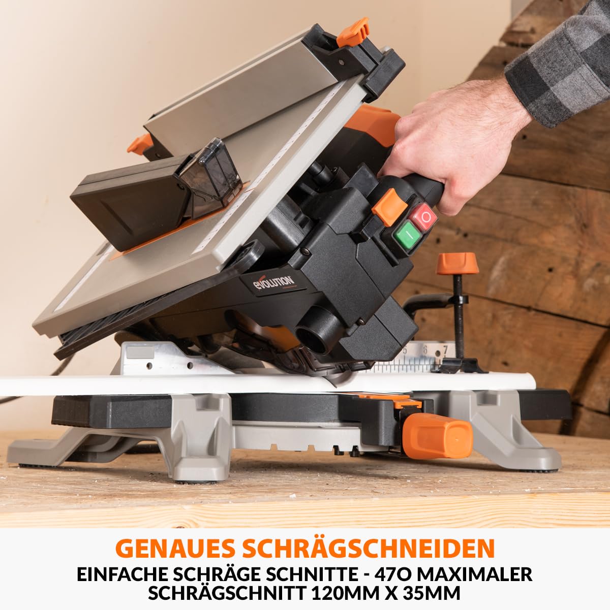 Evolution Power Tools R210MTS-G2 Vielseitige Kapp- und Tischsäge, kompakt, multifunktional, schneidet verschiedene Materialien, TCT-Sägeblatt für Holz, Kunststoff und Metall, 210mm