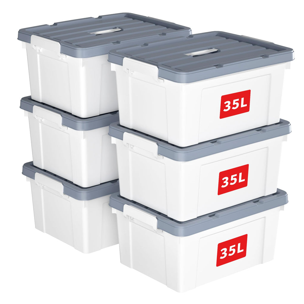 Cetomo 35L*6 Aufbewahrungsboxen, Tragbare Plastikboxen mit Deckeln, Organizer-Behälter mit Griff und Clips, Stapelbar, Ineinander Nestbar, für Zuhause und Büro, Weiß, 35L-6er Pack